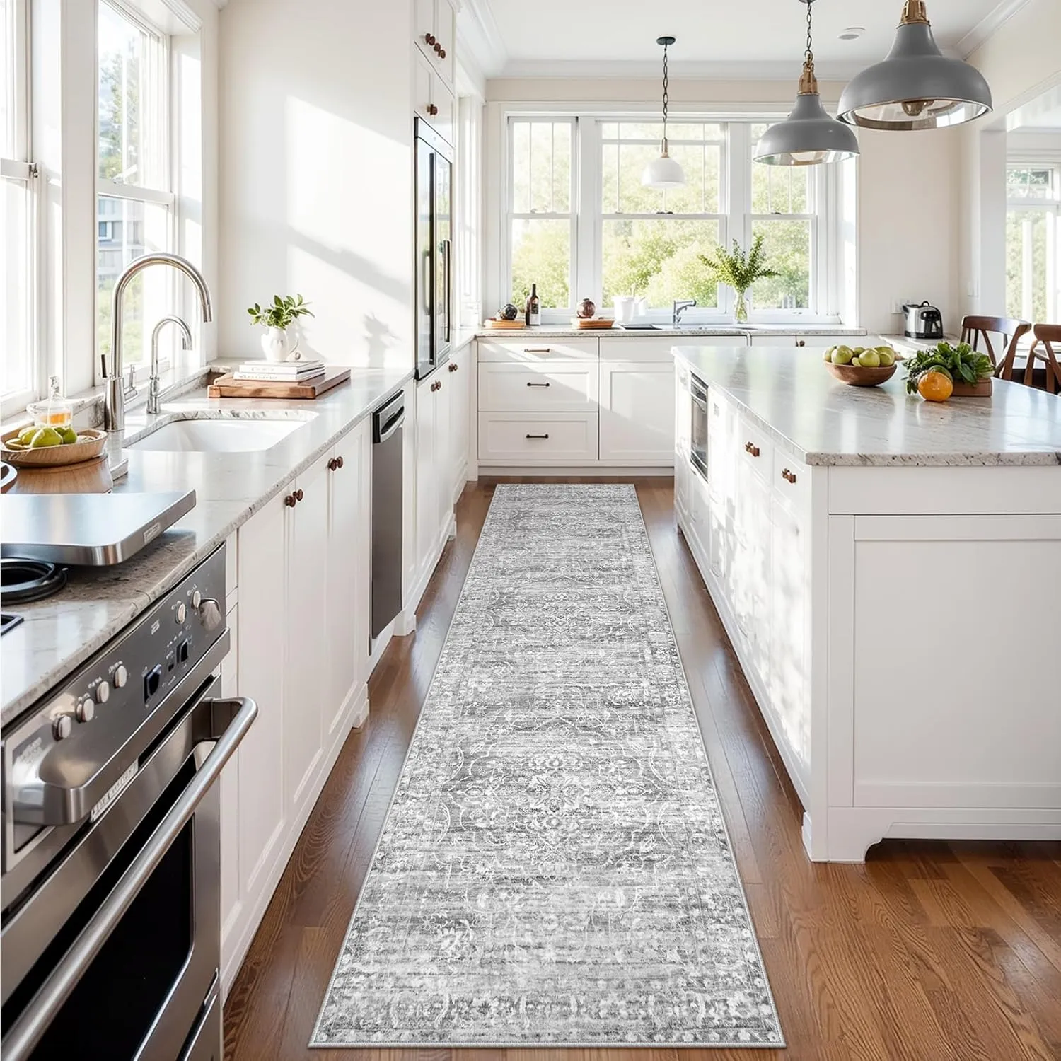Lahome Hallway Runner 2.5x10, Floral Washable Kitchen Rug,Ultra-Thin Non Slip Grey Runner Rug, Neutral Boho Print Stain Resistant Long Carpet Runner for Entryway Stair (Grey, 2'5''x10')