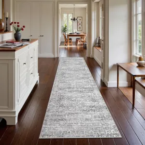 Lahome Hallway Runner 2.5x10, Floral Washable Kitchen Rug,Ultra-Thin Non Slip Grey Runner Rug, Neutral Boho Print Stain Resistant Long Carpet Runner for Entryway Stair (Grey, 2'5''x10')