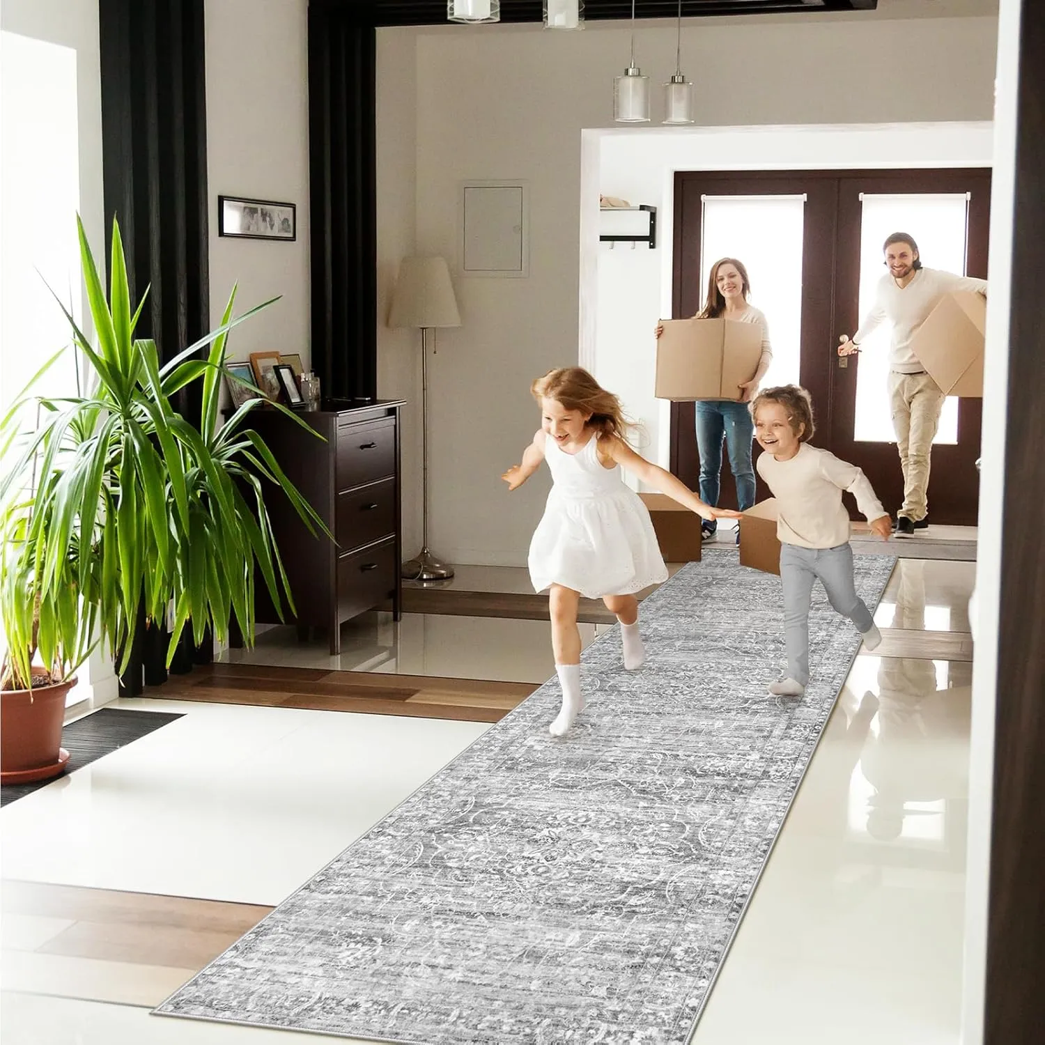 Lahome Hallway Runner 2.5x10, Floral Washable Kitchen Rug,Ultra-Thin Non Slip Grey Runner Rug, Neutral Boho Print Stain Resistant Long Carpet Runner for Entryway Stair (Grey, 2'5''x10')