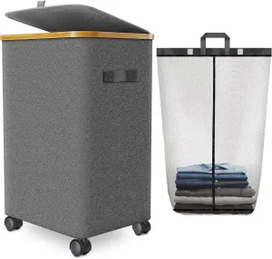 Laundry Hamper with Wheels,20 Gal (75L) Laundry Basket with lid Rolling Clothes Hamper Foldable Dirty Clothes Basket on wheels with Bamboo Frame and Bag for Bedroom, Dorm, Laundry Room-Grey
