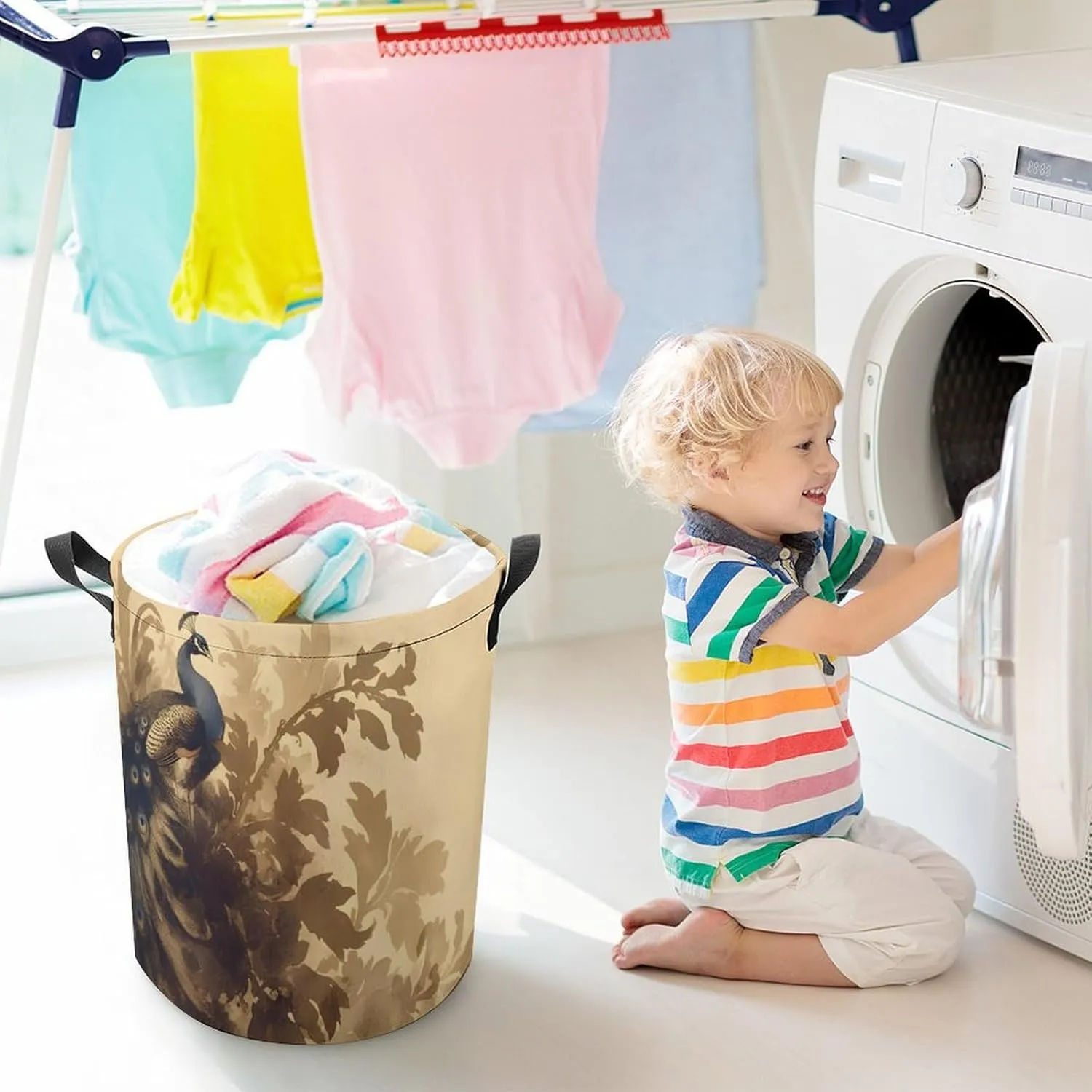 Laundry Hampers, Large Drawstring Laundry Bag, Removable Laundry Bags, Collapsible Storage Bin with Handles for Home Organization, Kids Room, Nursery Bird