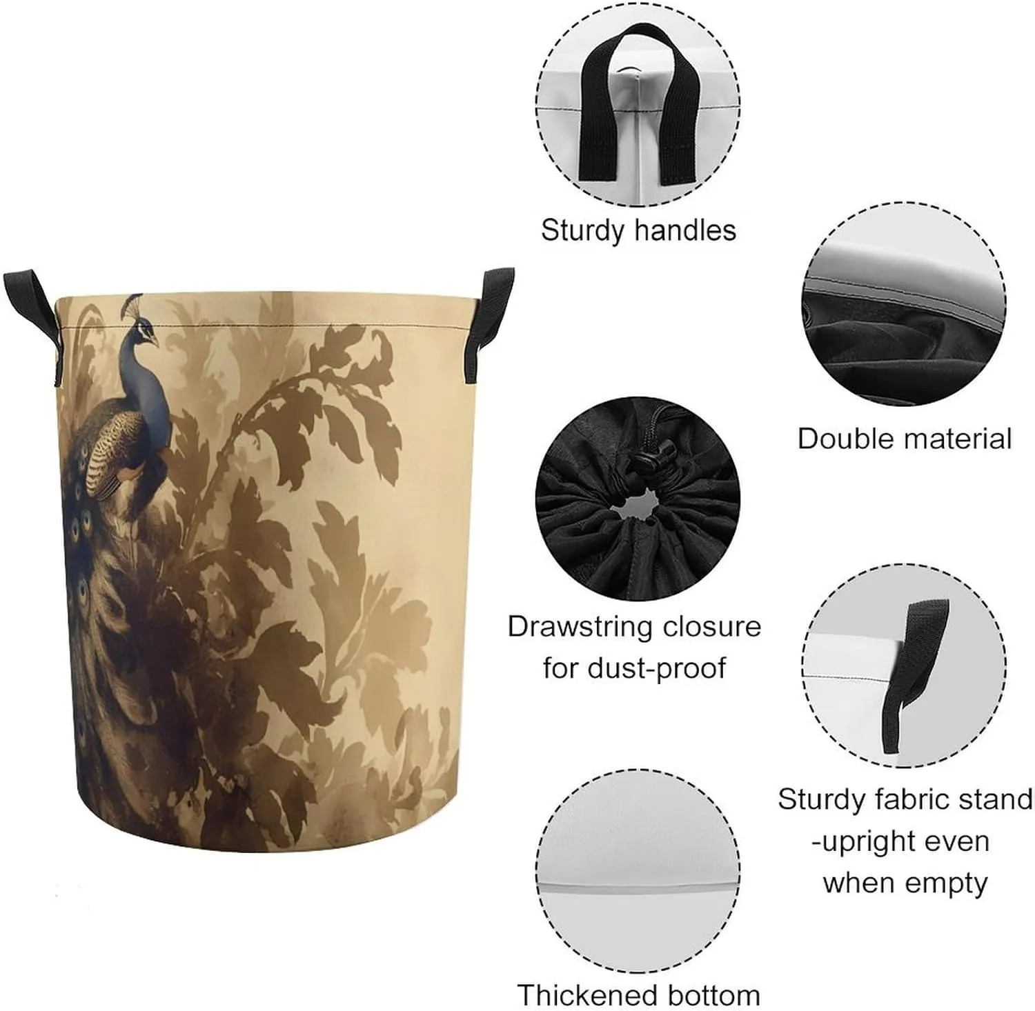 Laundry Hampers, Large Drawstring Laundry Bag, Removable Laundry Bags, Collapsible Storage Bin with Handles for Home Organization, Kids Room, Nursery Bird