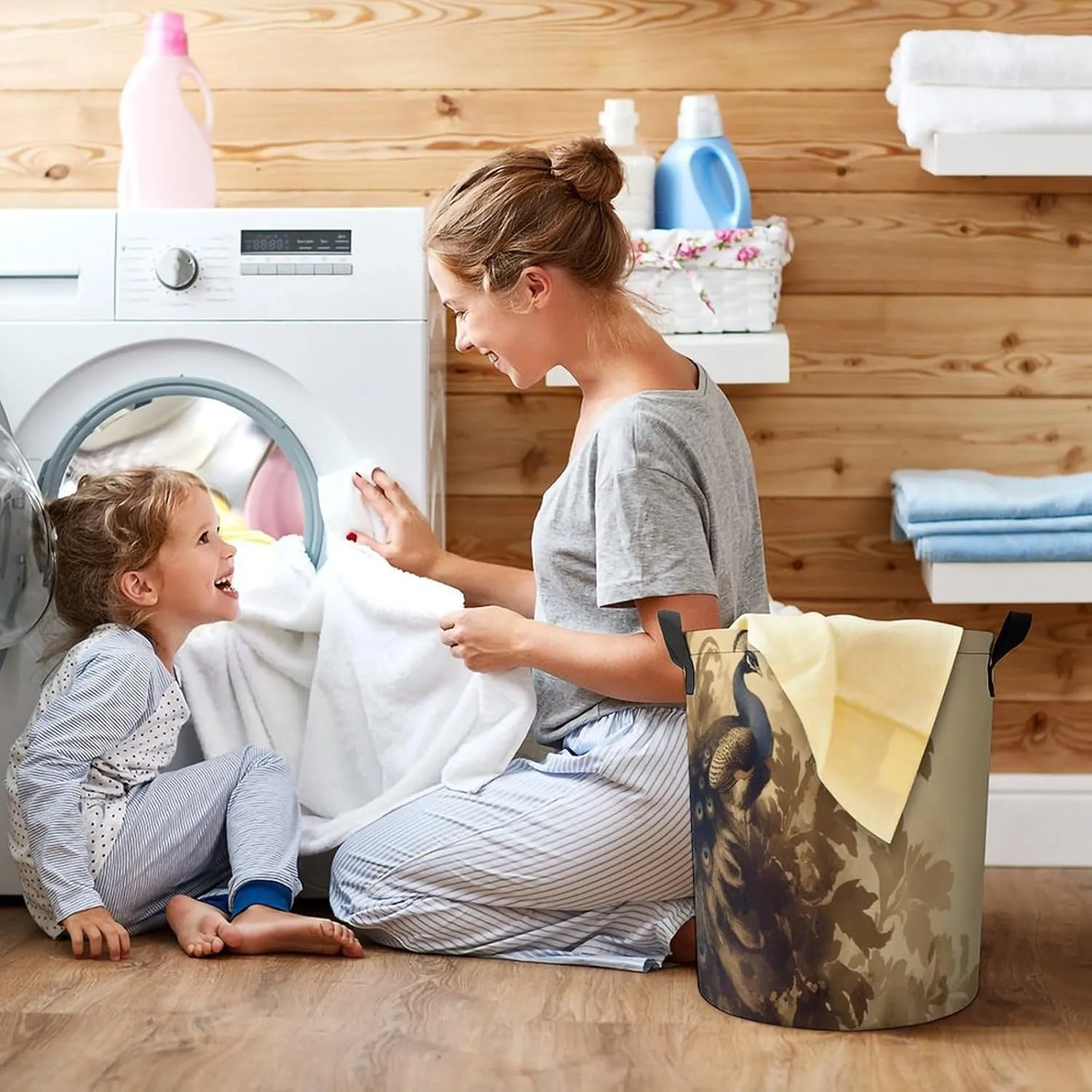 Laundry Hampers, Large Drawstring Laundry Bag, Removable Laundry Bags, Collapsible Storage Bin with Handles for Home Organization, Kids Room, Nursery Bird