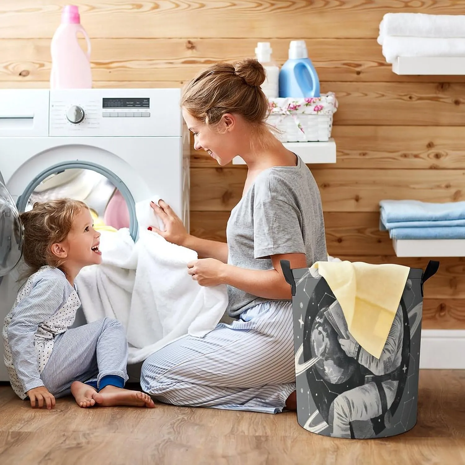 Laundry Hampers, Large Drawstring Laundry Bag, Removable Laundry Bags, Collapsible Storage Bin with Handles for Home Organization, Kids Room, Nursery Font