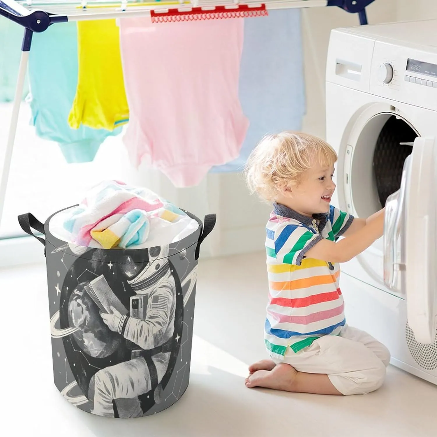 Laundry Hampers, Large Drawstring Laundry Bag, Removable Laundry Bags, Collapsible Storage Bin with Handles for Home Organization, Kids Room, Nursery Font