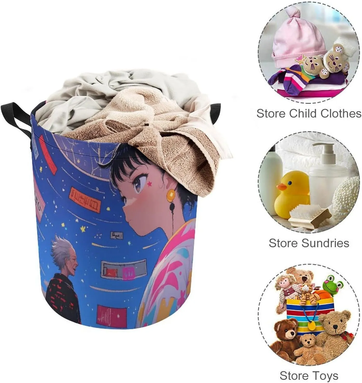 Laundry Hampers, Large Drawstring Laundry Bag, Removable Laundry Bags, Collapsible Storage Bin with Handles for Home Organization, Kids Room, Nursery Happy