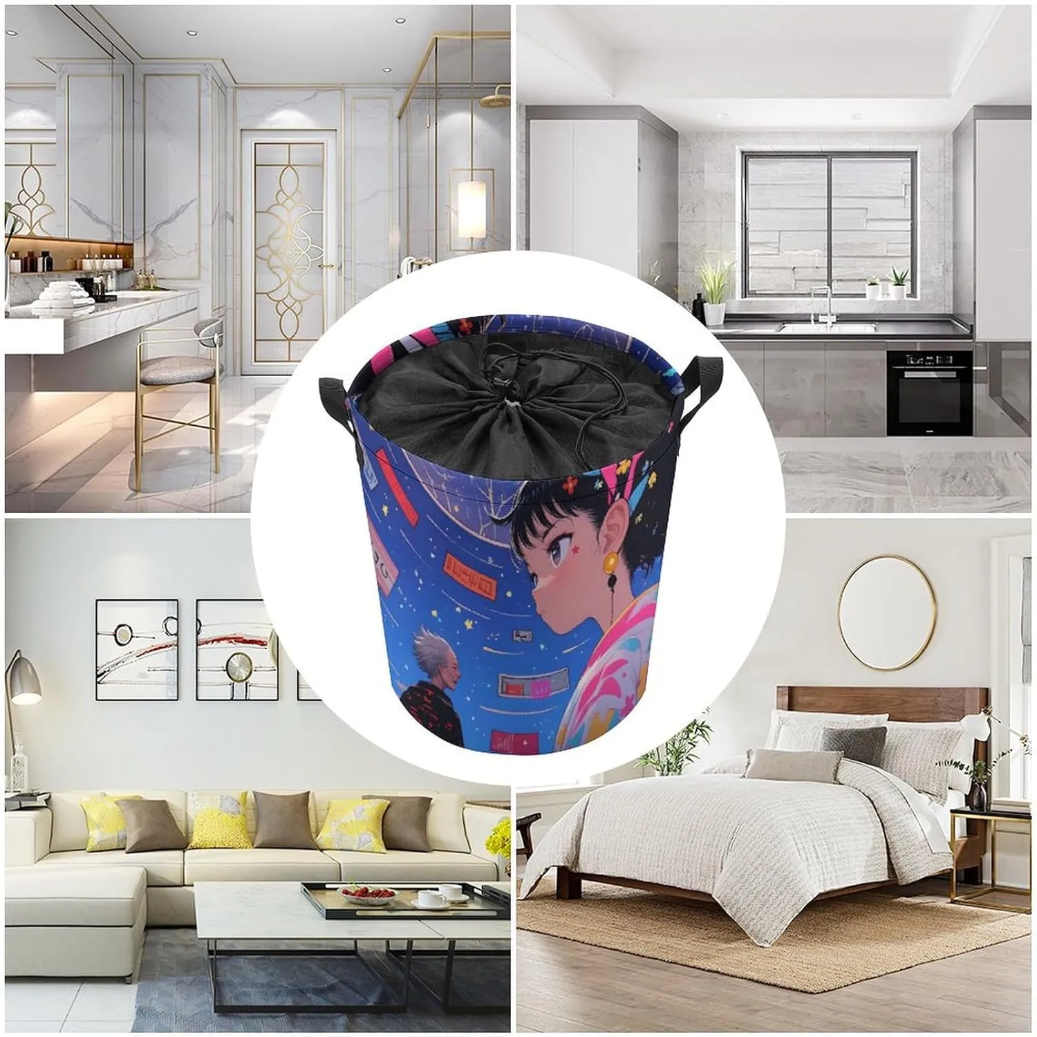 Laundry Hampers, Large Drawstring Laundry Bag, Removable Laundry Bags, Collapsible Storage Bin with Handles for Home Organization, Kids Room, Nursery Happy