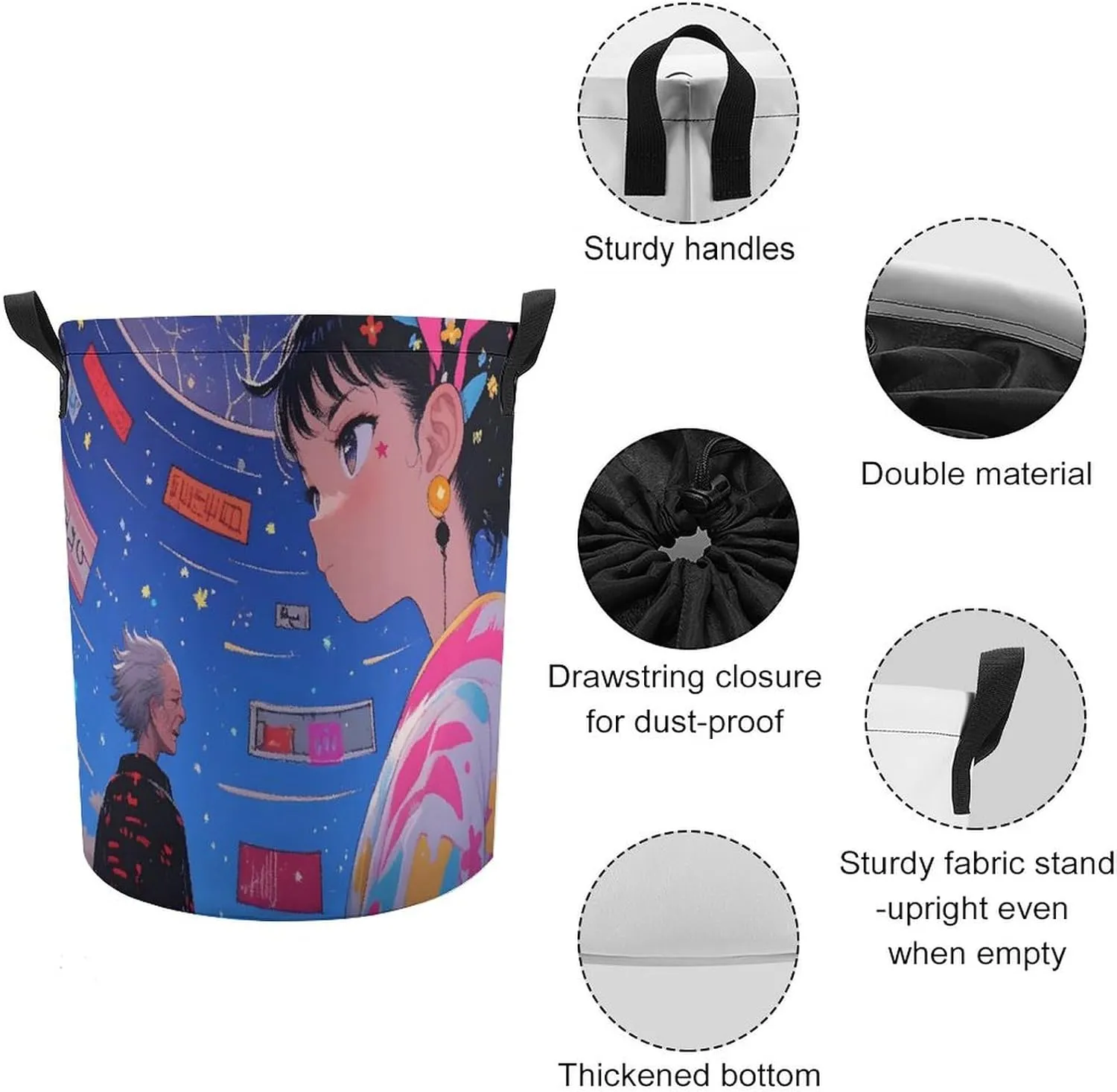 Laundry Hampers, Large Drawstring Laundry Bag, Removable Laundry Bags, Collapsible Storage Bin with Handles for Home Organization, Kids Room, Nursery Happy