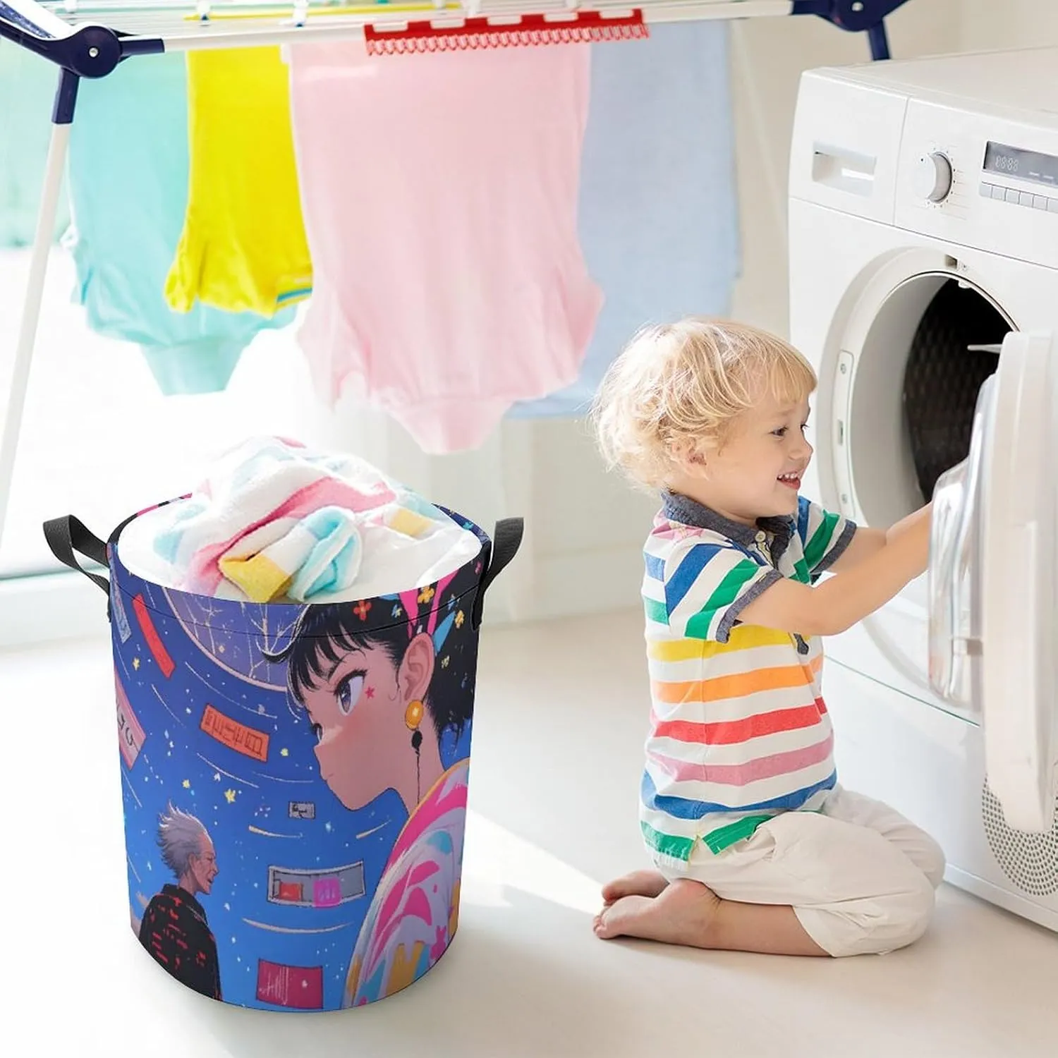 Laundry Hampers, Large Drawstring Laundry Bag, Removable Laundry Bags, Collapsible Storage Bin with Handles for Home Organization, Kids Room, Nursery Happy