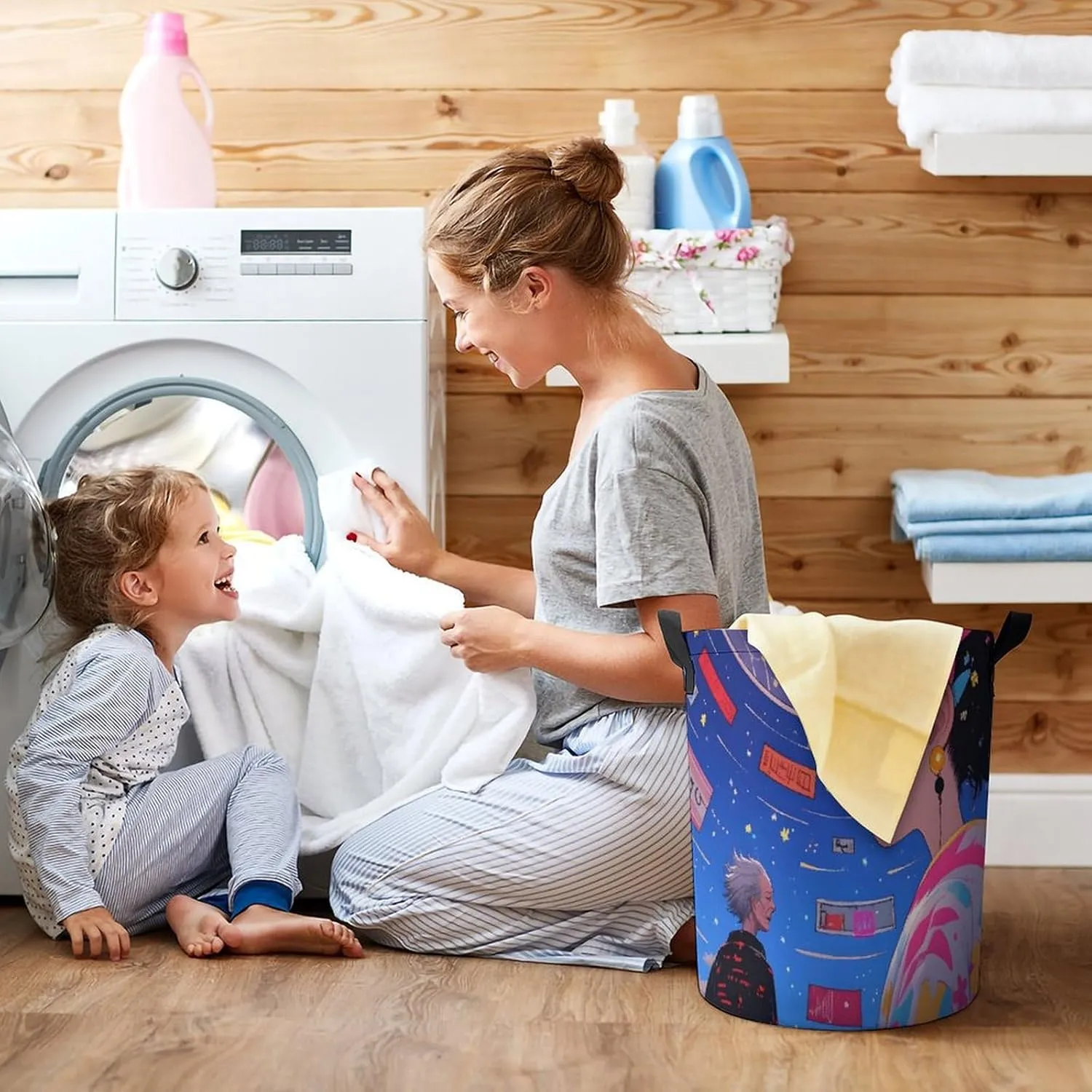 Laundry Hampers, Large Drawstring Laundry Bag, Removable Laundry Bags, Collapsible Storage Bin with Handles for Home Organization, Kids Room, Nursery Happy