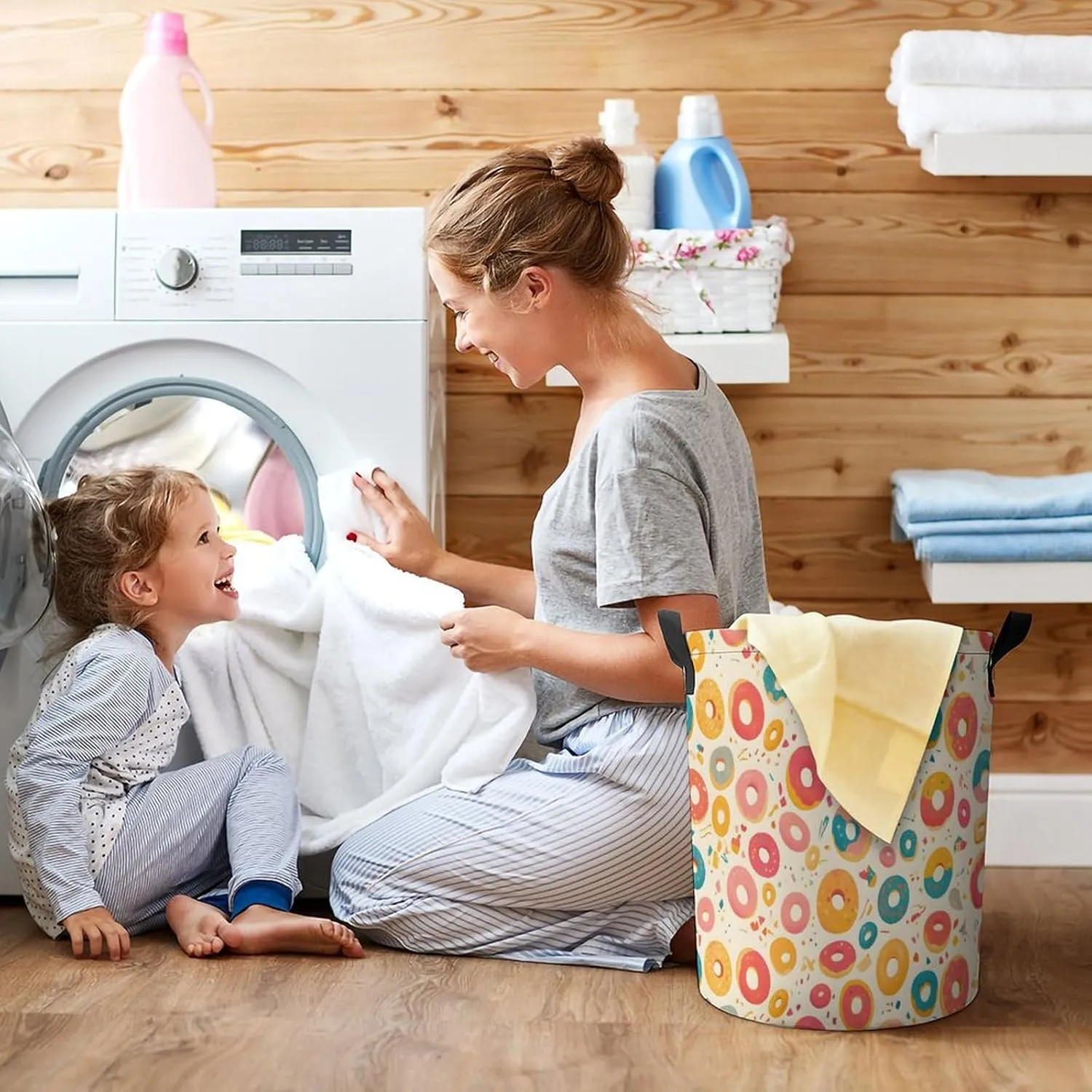 Laundry Hampers, Large Drawstring Laundry Bag, Removable Laundry Bags, Collapsible Storage Bin with Handles for Home Organization, Kids Room, Nursery Illustration