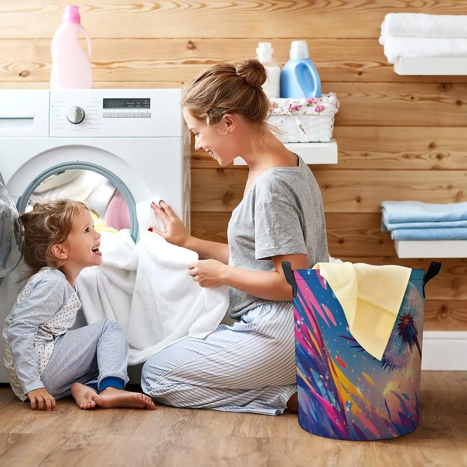 Laundry Hampers, Large Drawstring Laundry Bag, Removable Laundry Bags, Collapsible Storage Bin with Handles for Home Organization, Kids Room, Nursery Midnight