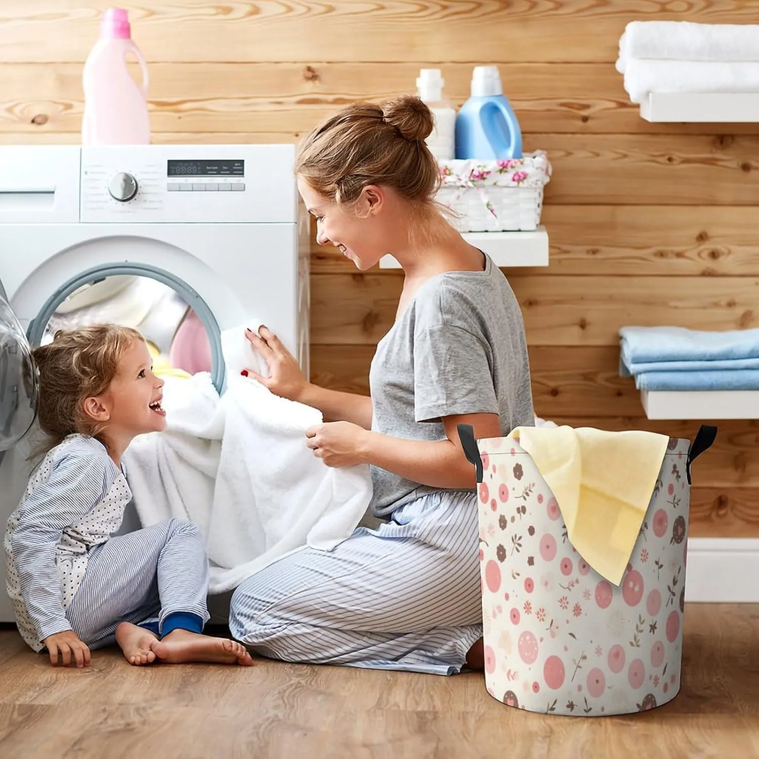 Laundry Hampers, Large Drawstring Laundry Bag, Removable Laundry Bags, Collapsible Storage Bin with Handles for Home Organization, Kids Room, Nursery Plant