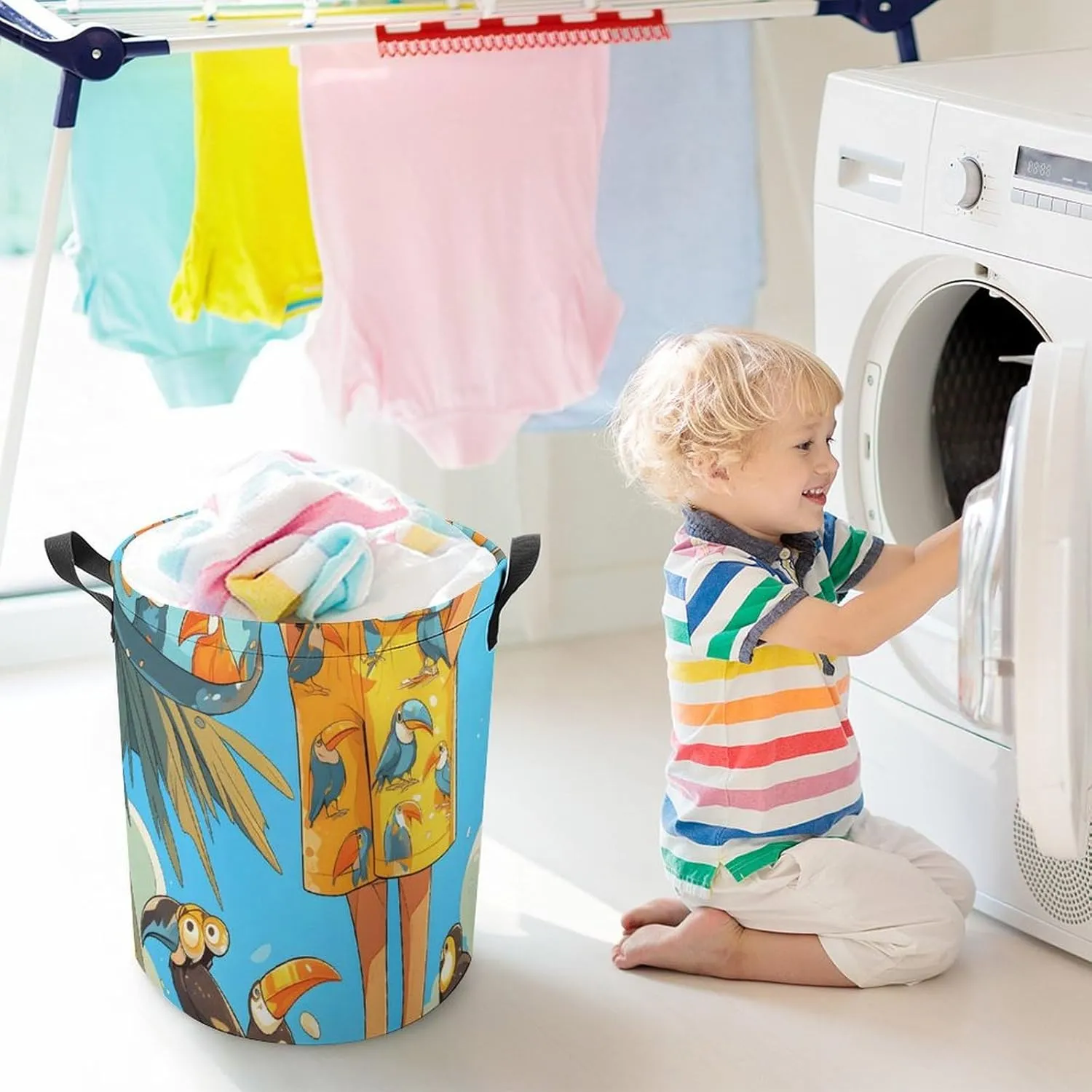 Laundry Hampers, Large Drawstring Laundry Bag, Removable Laundry Bags, Collapsible Storage Bin with Handles for Home Organization, Kids Room, Nursery Vertebrate