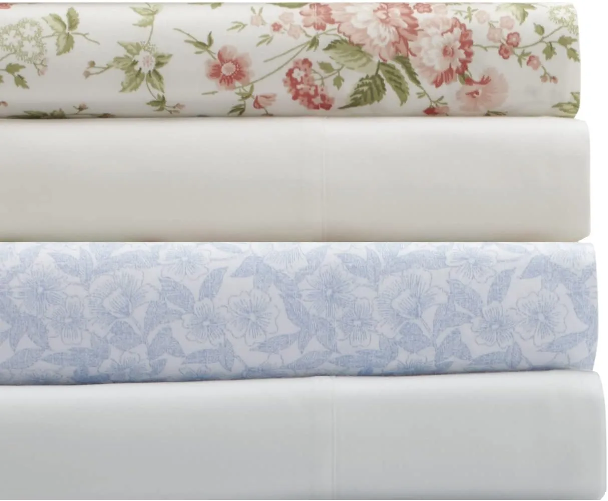 Laura Ashley - Queen Sheets, Cotton Percale 6-Piece Bedding Set, Crisp & Cool Home Decor (Belle Blue Cashmere, Queen)