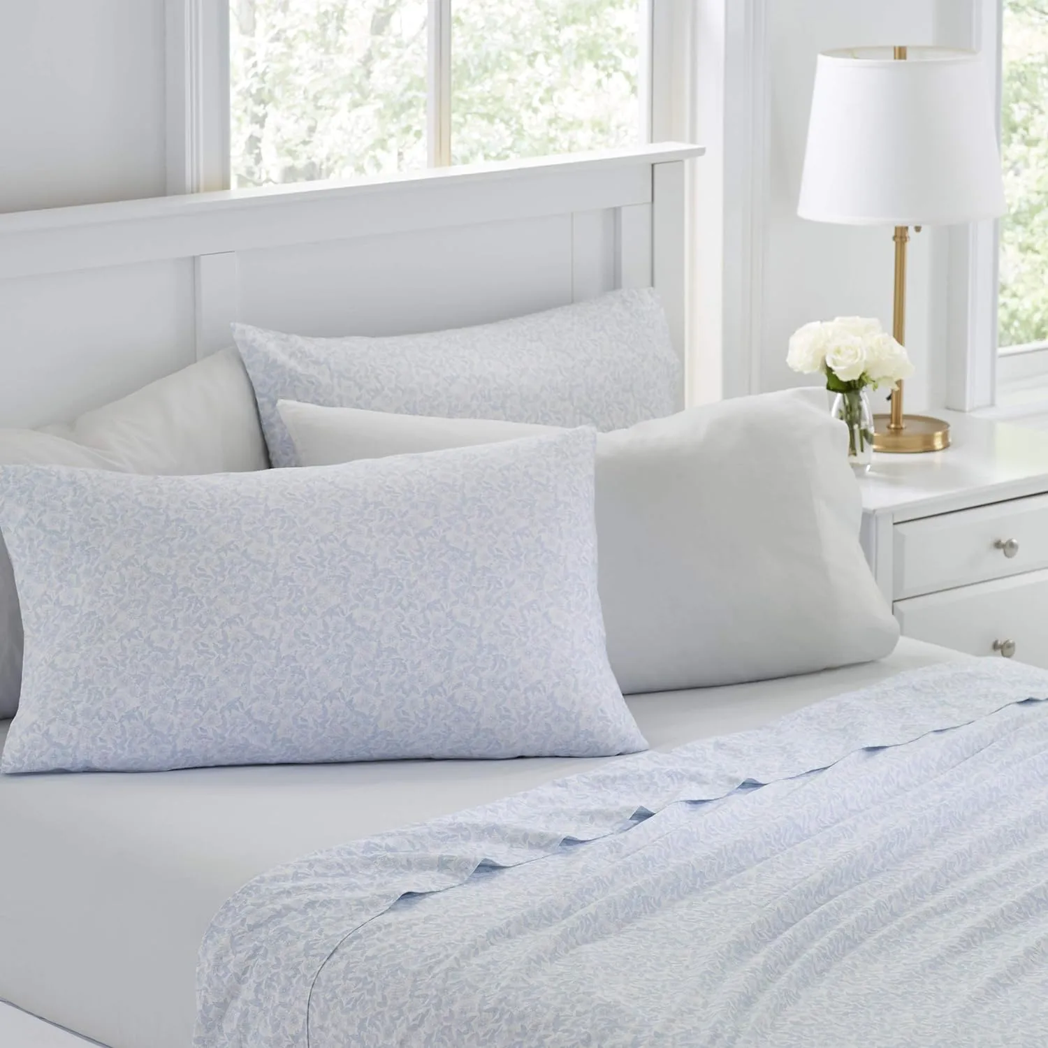 Laura Ashley - Queen Sheets, Cotton Percale 6-Piece Bedding Set, Crisp & Cool Home Decor (Belle Blue Cashmere, Queen)