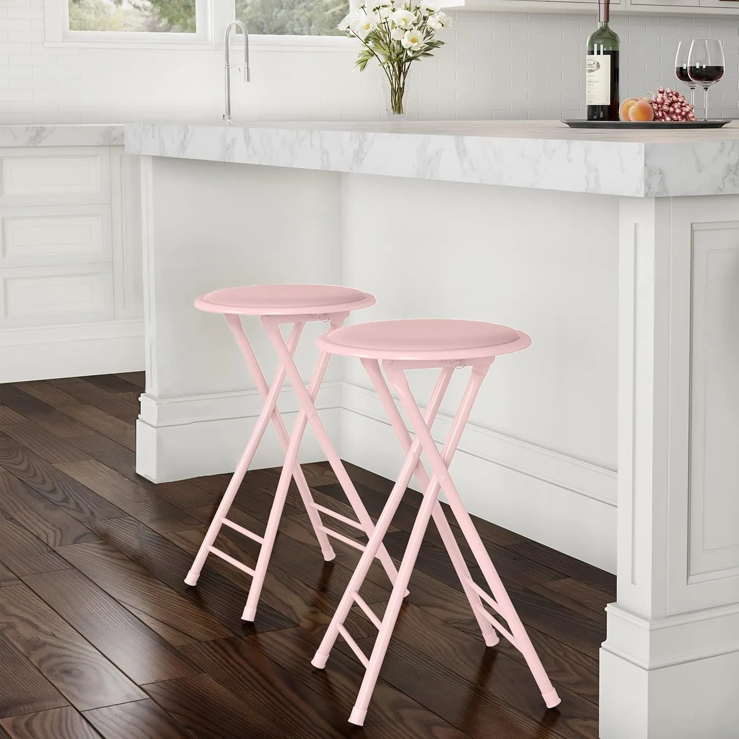 Lavish Home Set of 2 Counter Height Bar Stools – 24-Inch Backless Folding Chairs with 225lb Capacity for Kitchen, Rec Room, or Game Room (Pink)