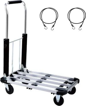 LEADALLWAY Foldable Push Cart Aluminum Alloy Platform Cart with 4-Wheel,Adjustable Length,330-LB Capacity(with 2 Ropes)