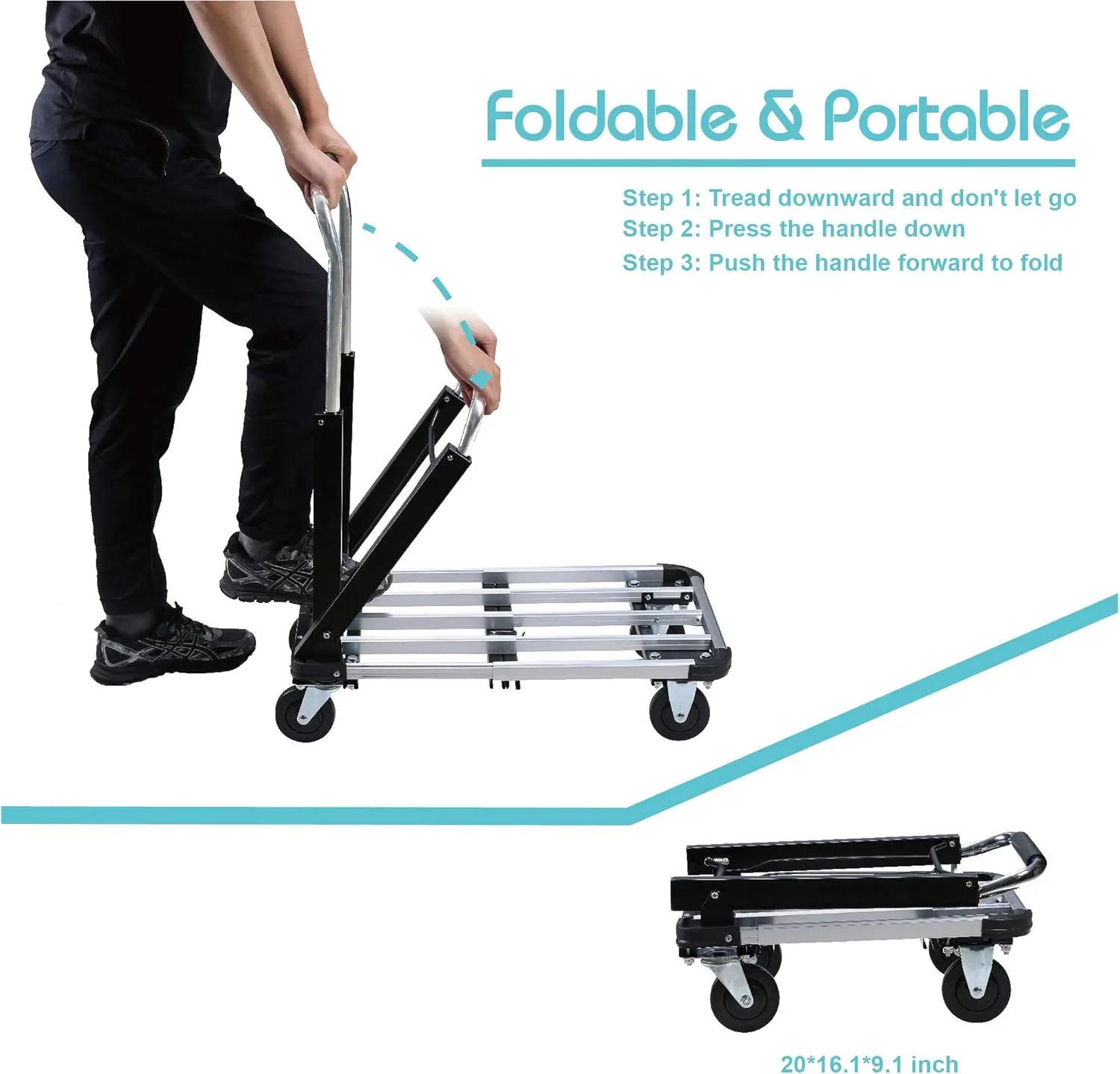 LEADALLWAY Foldable Push Cart Aluminum Alloy Platform Cart with 4-Wheel,Adjustable Length,330-LB Capacity(with 2 Ropes)