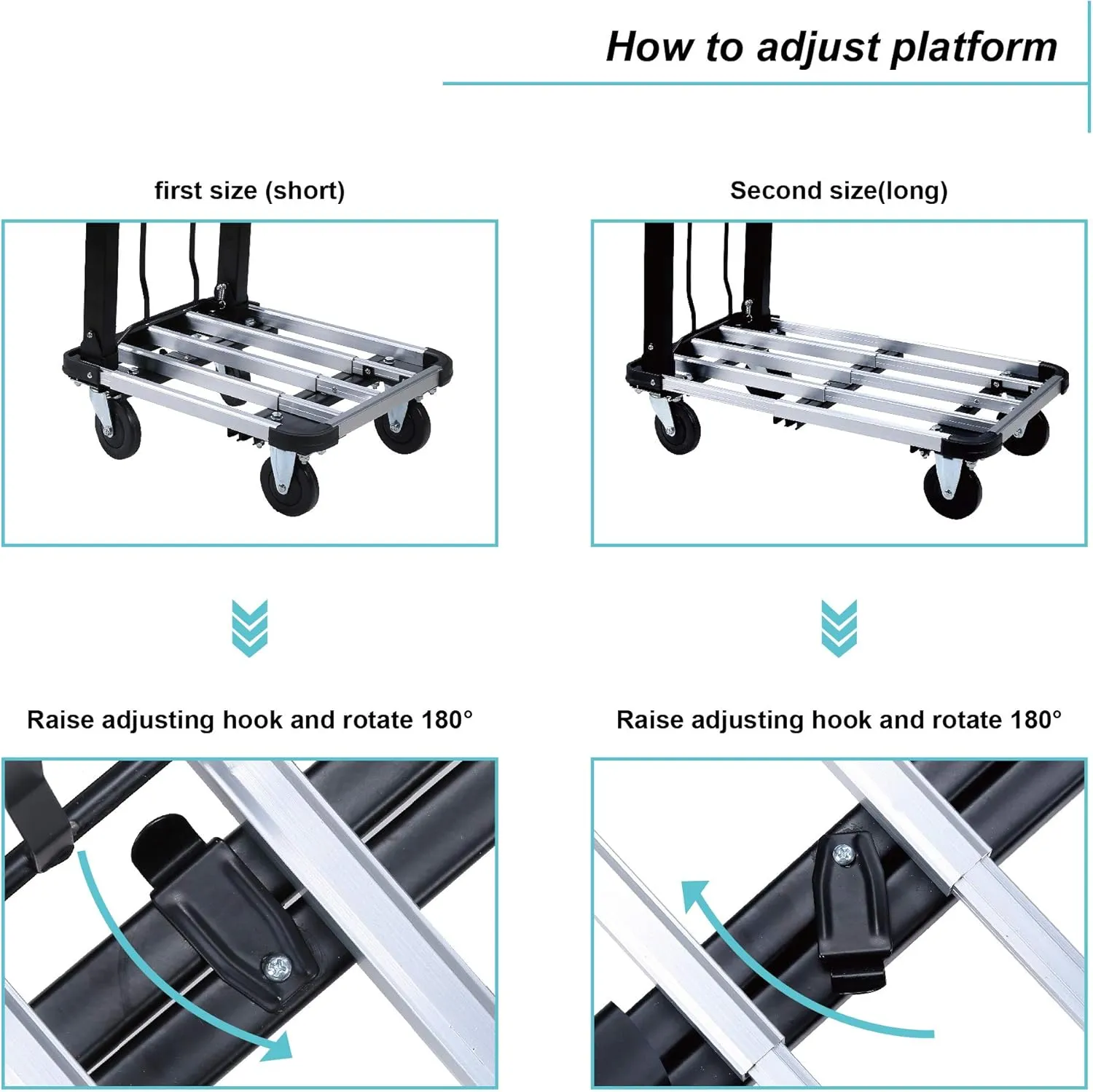 LEADALLWAY Foldable Push Cart Aluminum Alloy Platform Cart with 4-Wheel,Adjustable Length,330-LB Capacity(with 2 Ropes)