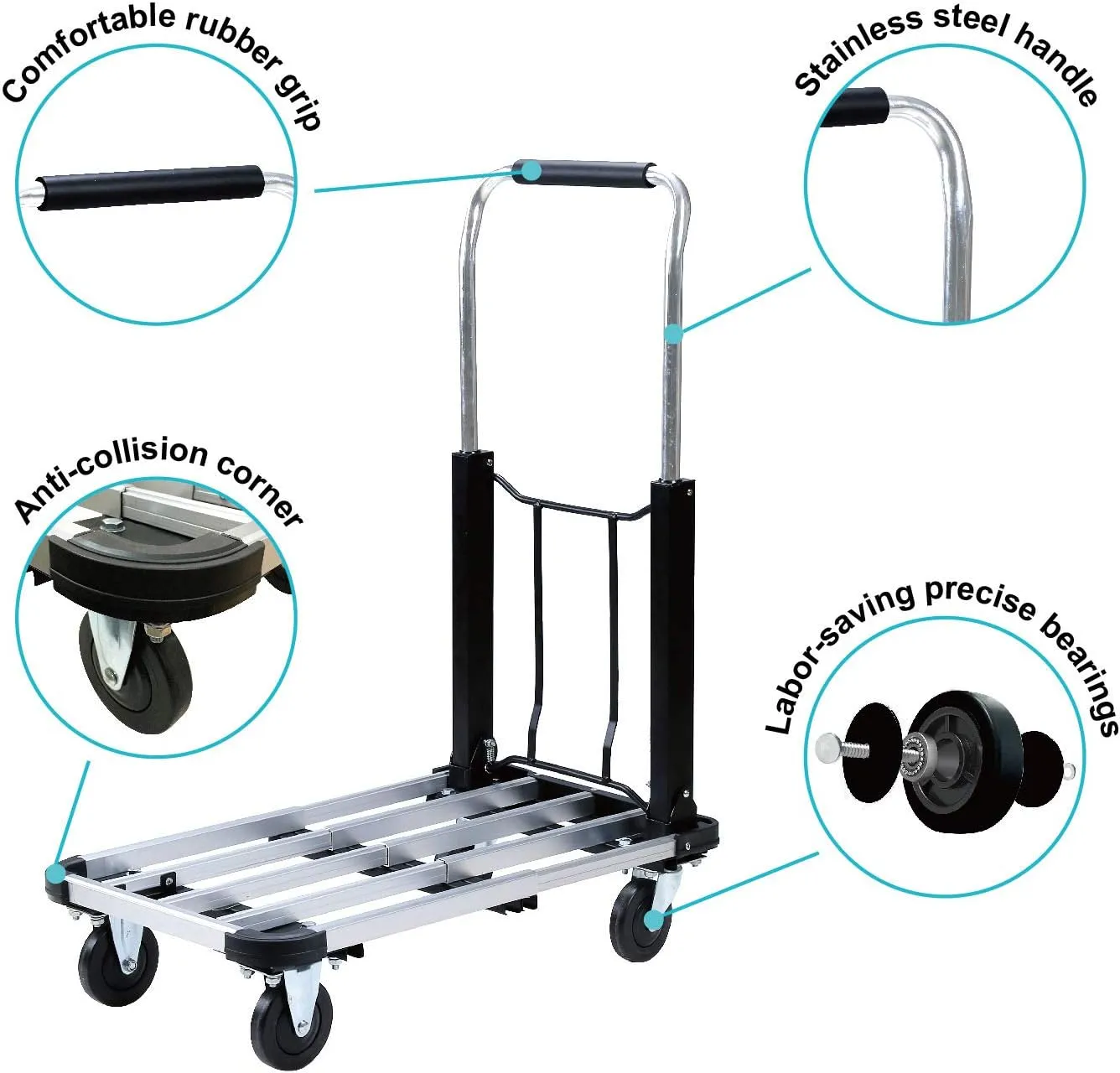 LEADALLWAY Foldable Push Cart Aluminum Alloy Platform Cart with 4-Wheel,Adjustable Length,330-LB Capacity(with 2 Ropes)