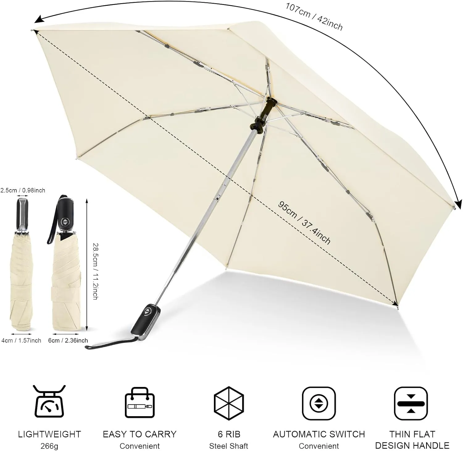 LEAGERA Compact Travel Umbrella for Purse - Flat Handle, Waterproof for Light Rain