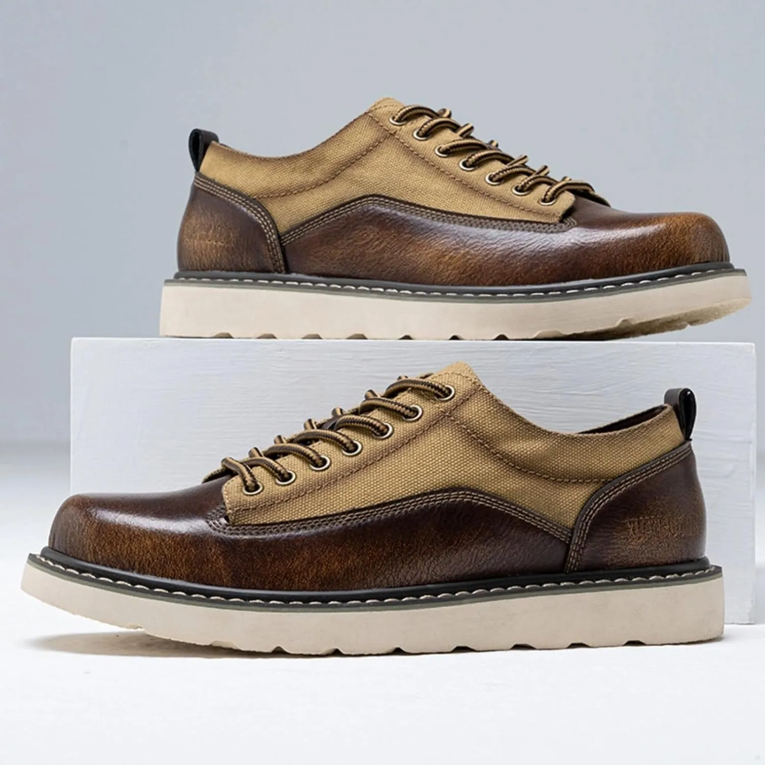 Leather Canvas Oxford Shoes, Men's Casual Retro Sneakers, Low Top, Lace Up, City Commuter, Hybrid Dress, Classic