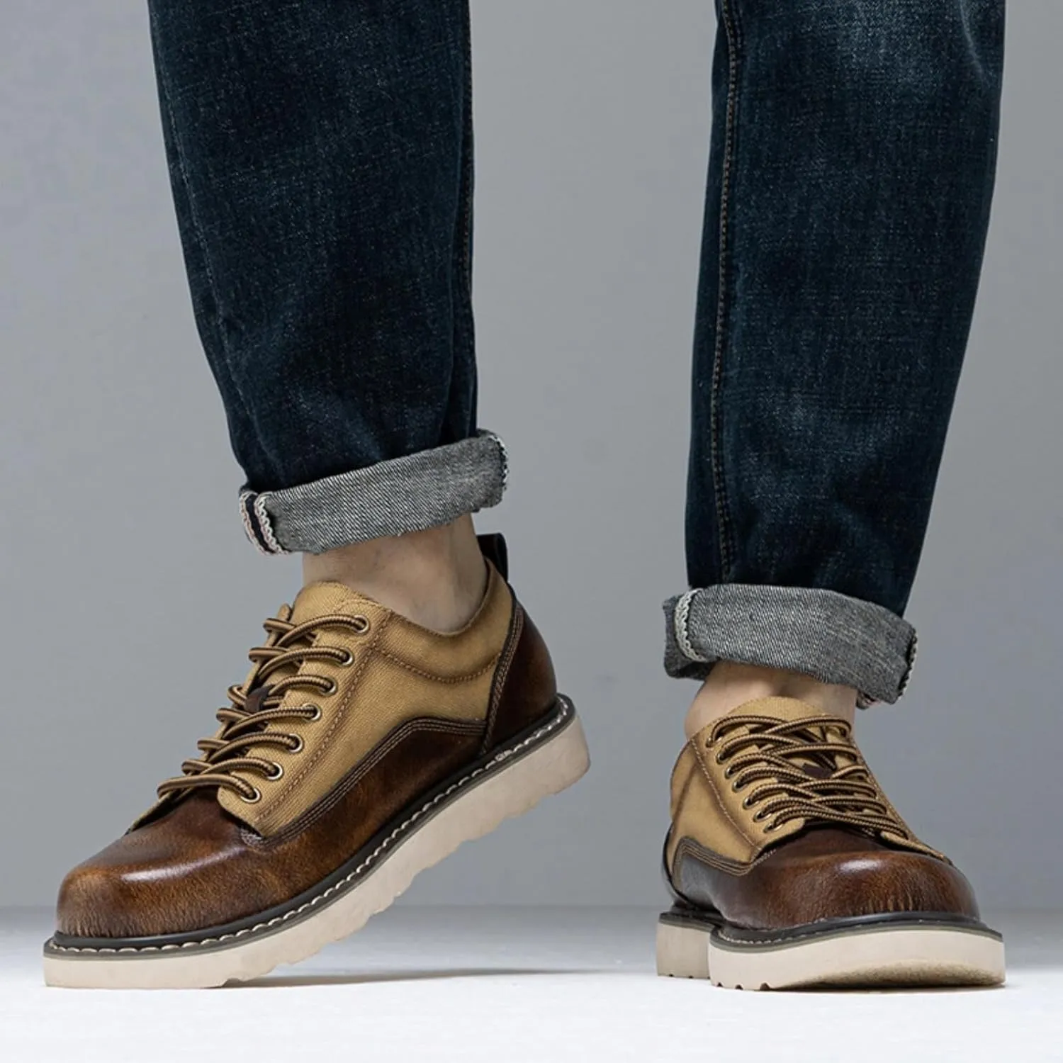 Leather Canvas Oxford Shoes, Men's Casual Retro Sneakers, Low Top, Lace Up, City Commuter, Hybrid Dress, Classic