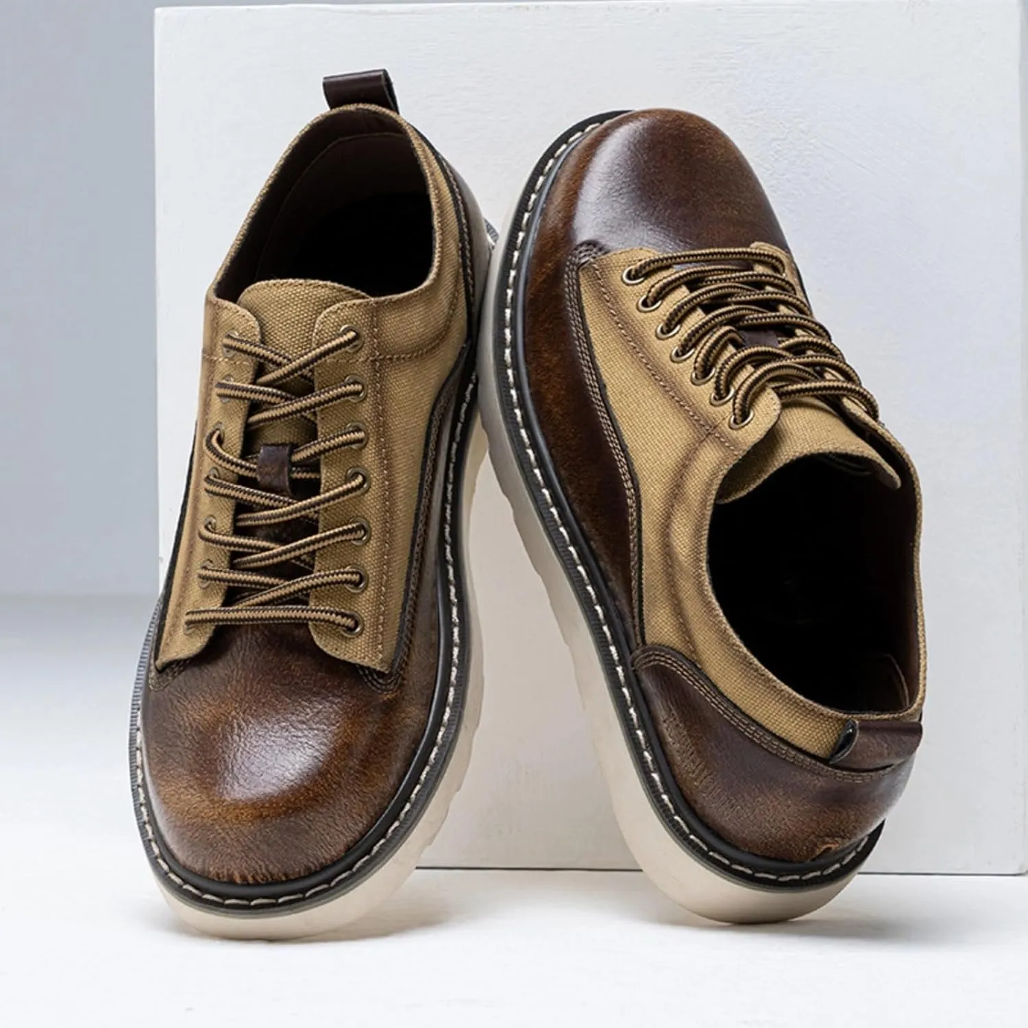 Leather Canvas Oxford Shoes, Men's Casual Retro Sneakers, Low Top, Lace Up, City Commuter, Hybrid Dress, Classic
