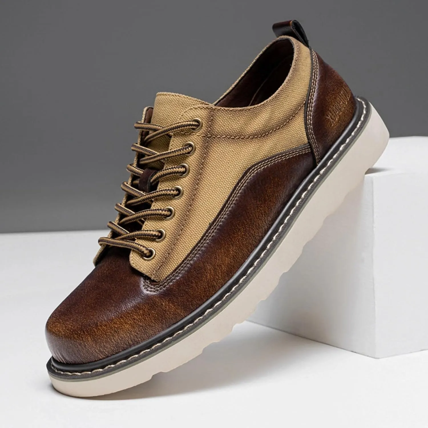 Leather Canvas Oxford Shoes, Men's Casual Retro Sneakers, Low Top, Lace Up, City Commuter, Hybrid Dress, Classic