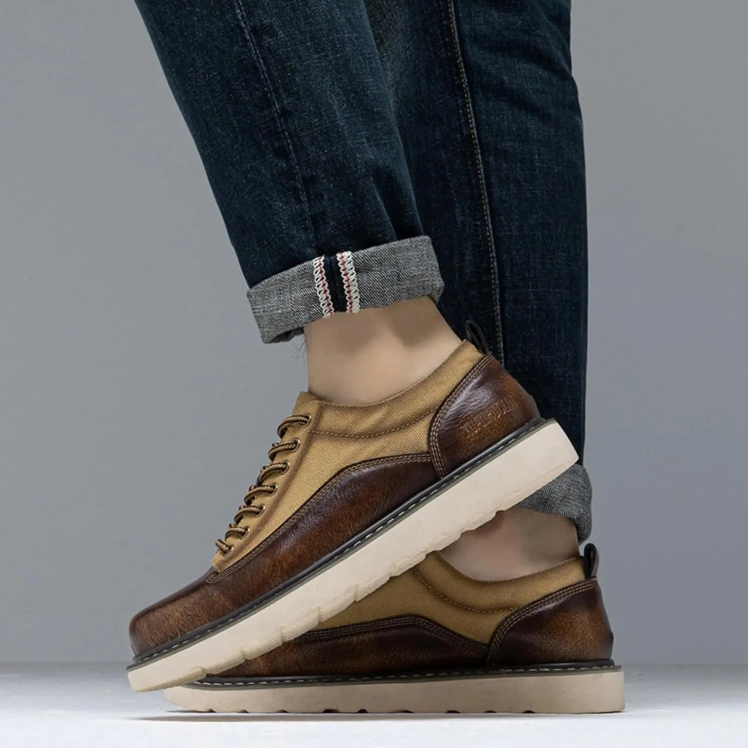 Leather Canvas Oxford Shoes, Men's Casual Retro Sneakers, Low Top, Lace Up, City Commuter, Hybrid Dress, Classic