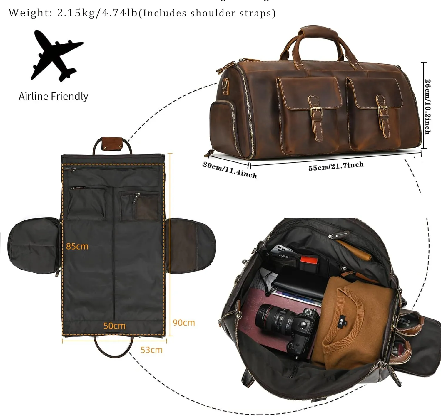 Leather Garment Bag for Men, Convertible Carry on Garment Duffel Bag for Travel Weekender Bag 2 in 1 Hanging Suitcase Suit Bag, 2203 Coffe