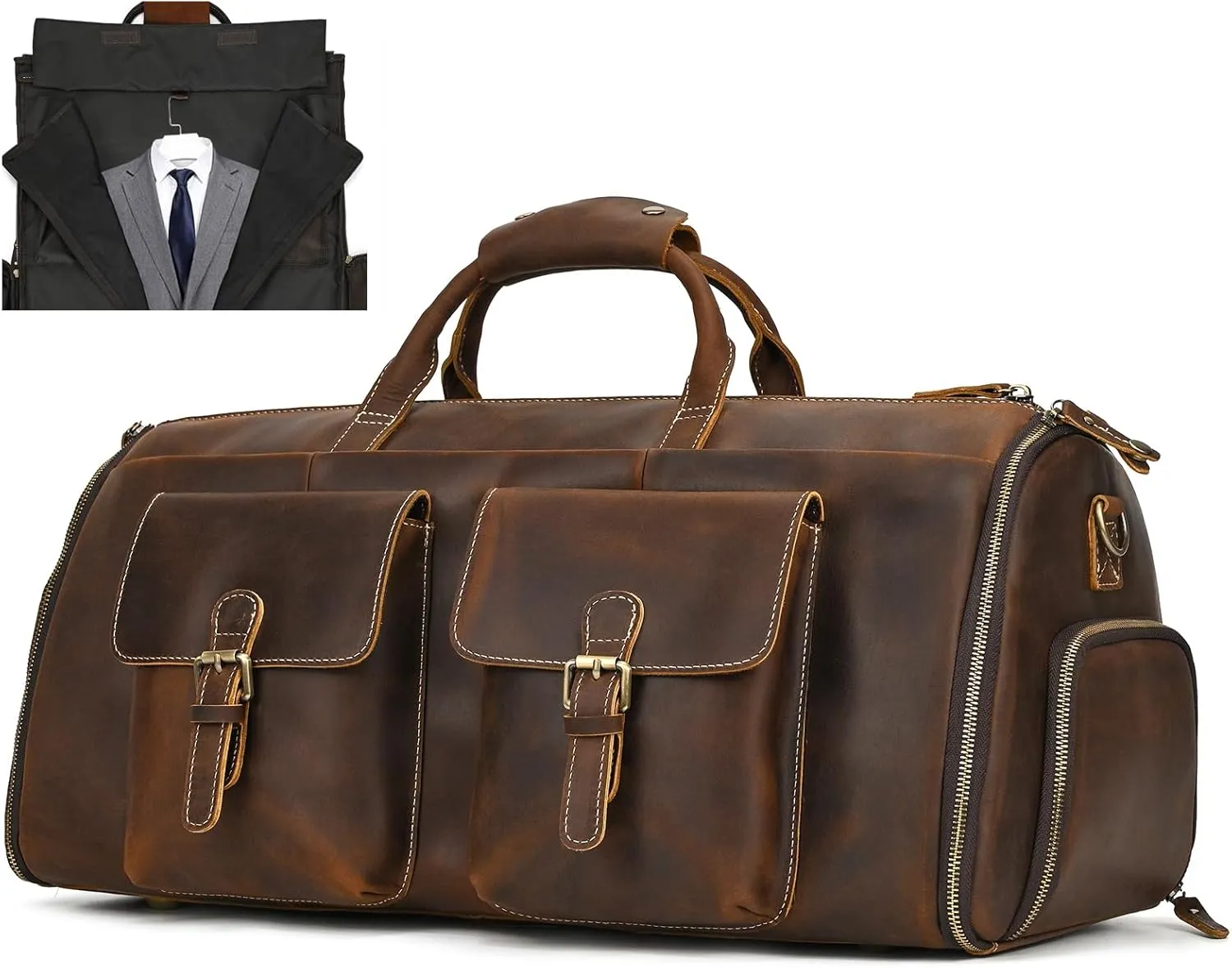 Leather Garment Bag for Men, Convertible Carry on Garment Duffel Bag for Travel Weekender Bag 2 in 1 Hanging Suitcase Suit Bag, 2203 Coffe