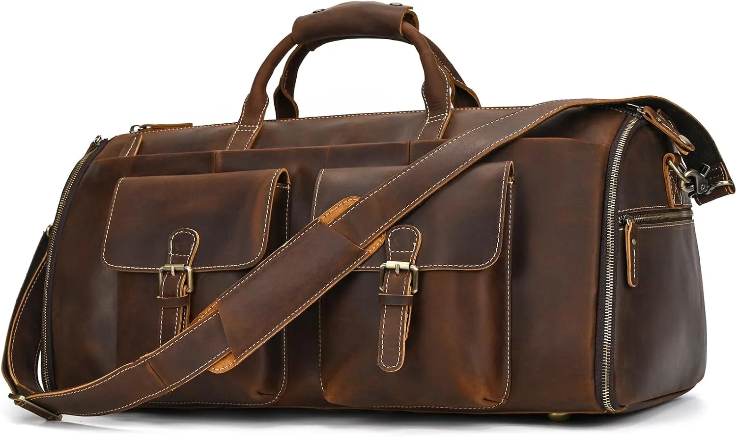 Leather Garment Bag for Men, Convertible Carry on Garment Duffel Bag for Travel Weekender Bag 2 in 1 Hanging Suitcase Suit Bag, 2203 Coffe