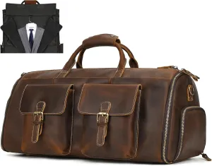Leather Garment Bag for Men, Convertible Carry on Garment Duffel Bag for Travel Weekender Bag 2 in 1 Hanging Suitcase Suit Bag, 2203 Coffe