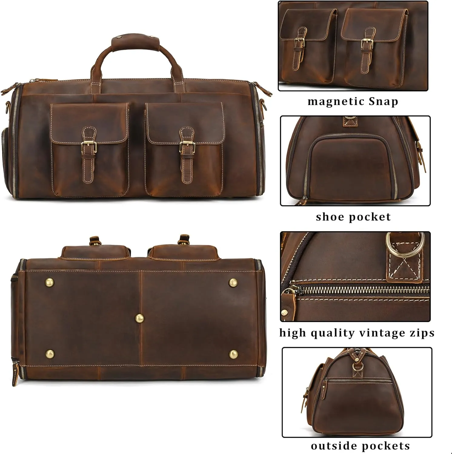 Leather Garment Bag for Men, Convertible Carry on Garment Duffel Bag for Travel Weekender Bag 2 in 1 Hanging Suitcase Suit Bag, 2203 Coffe
