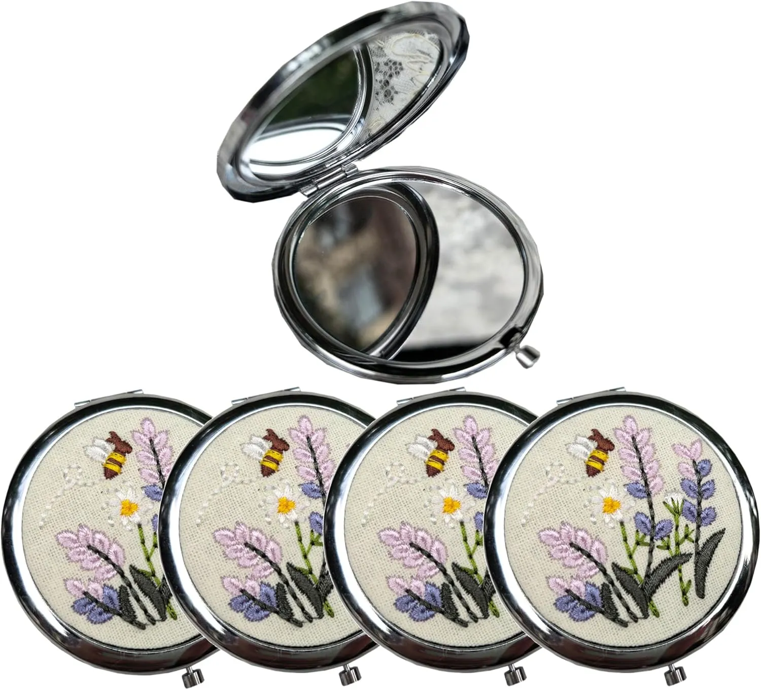 Leimandy 4-Pack Bridesmaid Compact Mirrors - Embroidered 7cm Double-Sided 1x/2x Magnifying Pocket Mirror for Wedding| Bridal Shower| Birthday Gift | Bridesmaid Proposal Gift L2 (Purple Lavender)
