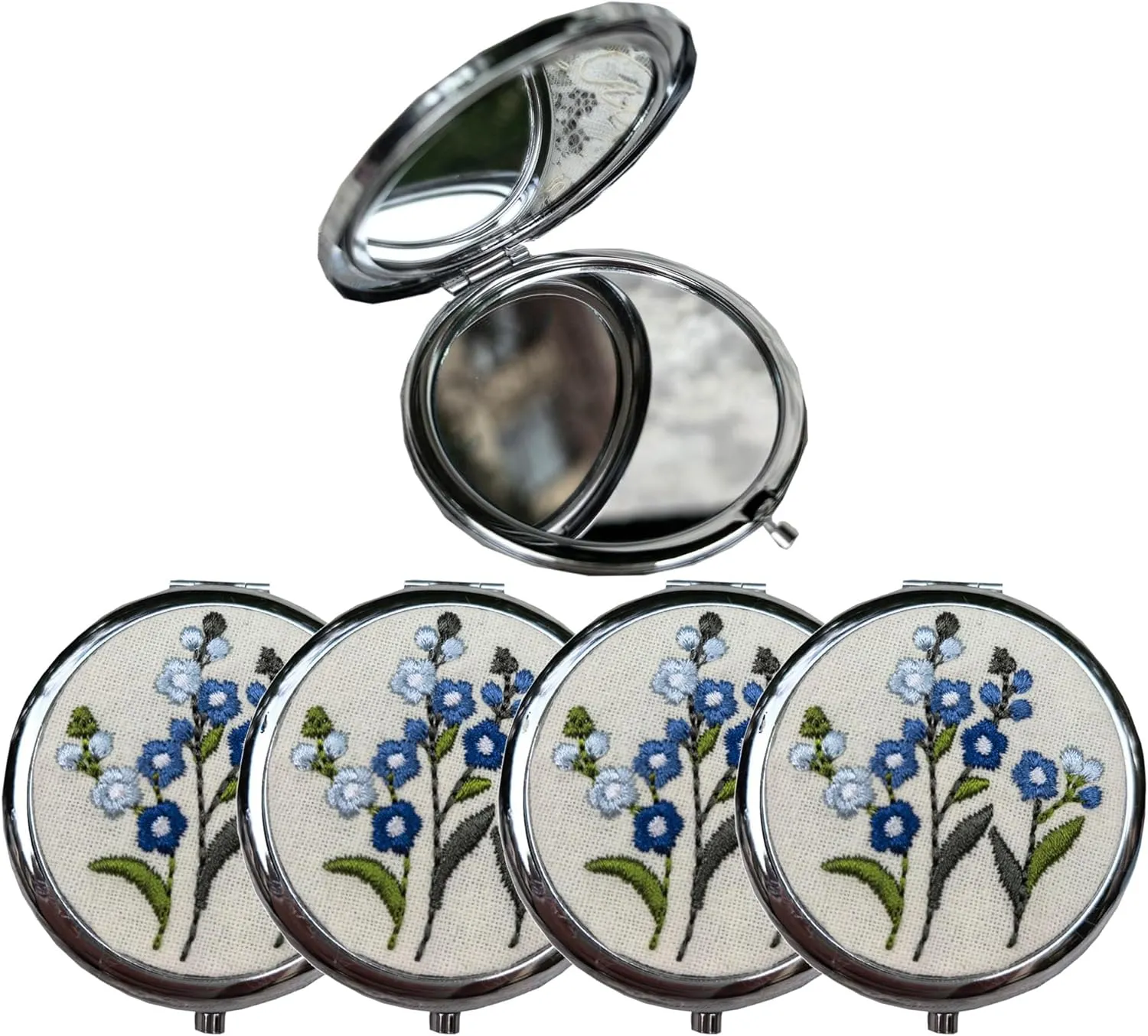 Leimandy 4-Pack Embroidered Bridesmaid Compact Mirrors - Double-Sided 1x/2x Magnifying Pocket Mirror Foldable Makeup Mirror for Wedding Shower | Birthday | Graduation Gifts L2 (Blue ForgetMeNot)