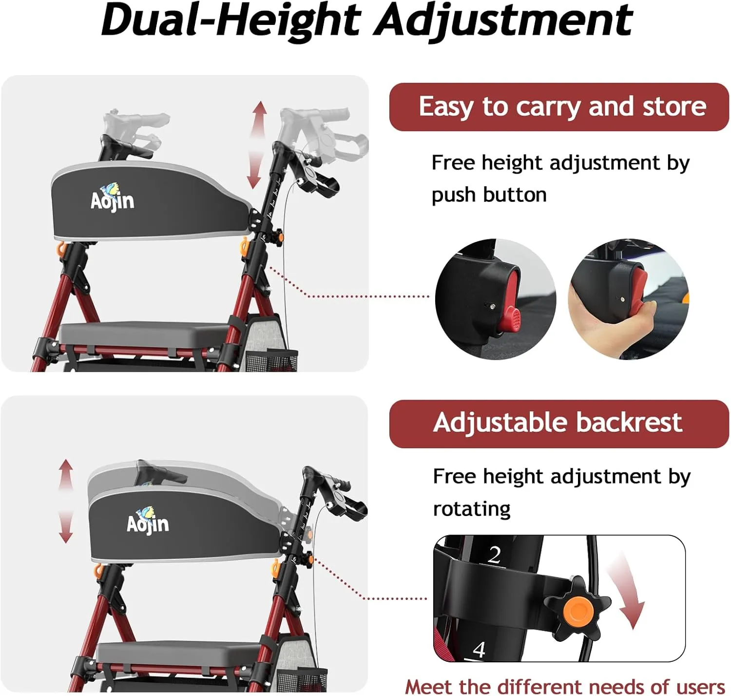Lightweight Foldable Rollator Walkers with Seat for Seniors, 350 lb Capacity, 8'' Wheels, 17.7" Big Seat, 6-Position Adjustable Height, Ultralight Aluminum Frame Rolling Walker (Red)