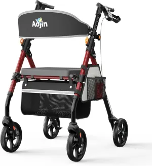 Lightweight Foldable Rollator Walkers with Seat for Seniors, 350 lb Capacity, 8'' Wheels, 17.7" Big Seat, 6-Position Adjustable Height, Ultralight Aluminum Frame Rolling Walker (Red)