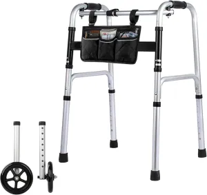 Lightweight Folding Walker for Seniors - Height Adjustable Walker with Small Storage Bag, Elderly Walkers with Removable Wheels, Portable Walkers for Seniors Easy Folding,2 Wheels with Bearings,Silver