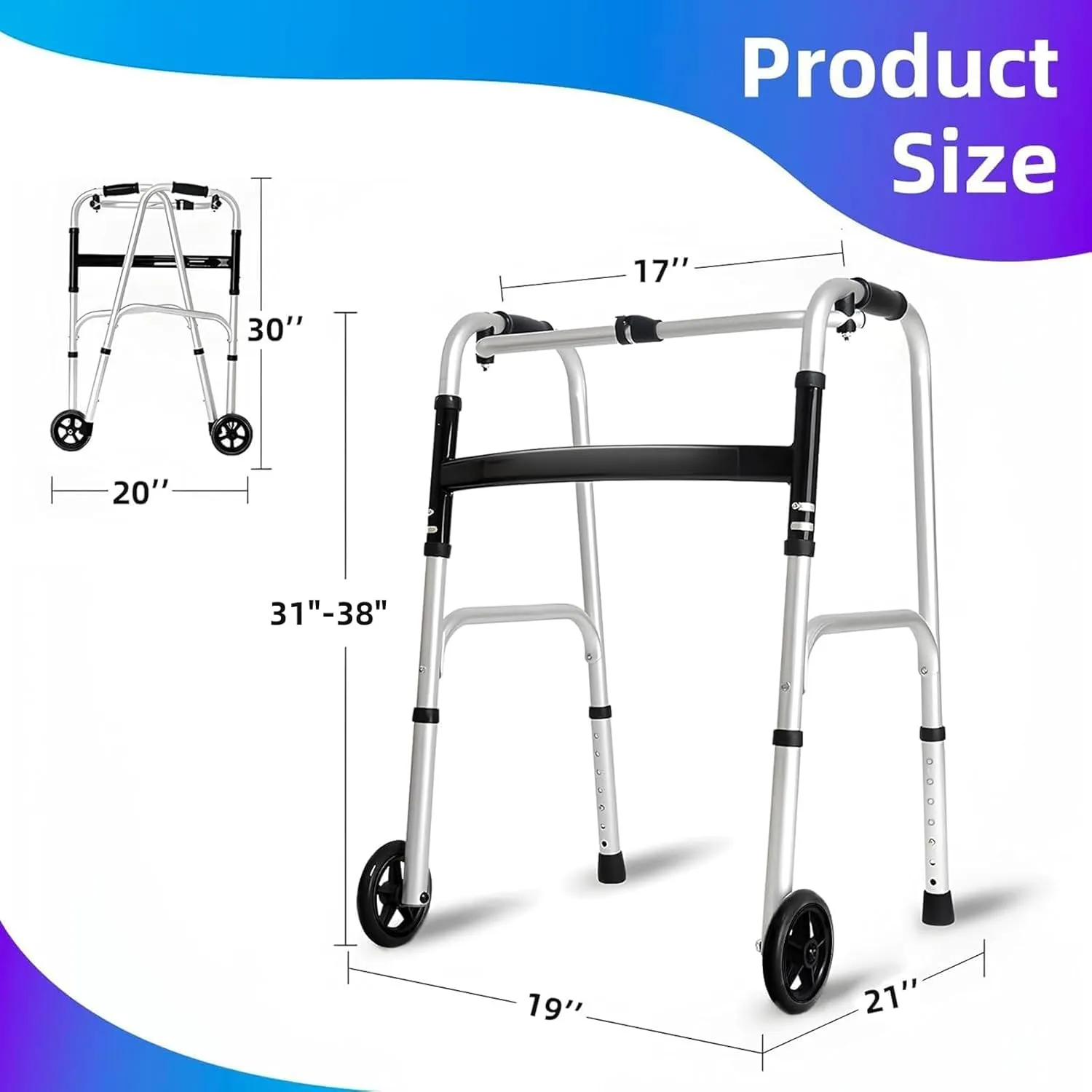 Lightweight Folding Walker for Seniors - Height Adjustable Walker with Small Storage Bag, Elderly Walkers with Removable Wheels, Portable Walkers for Seniors Easy Folding,2 Wheels with Bearings,Silver