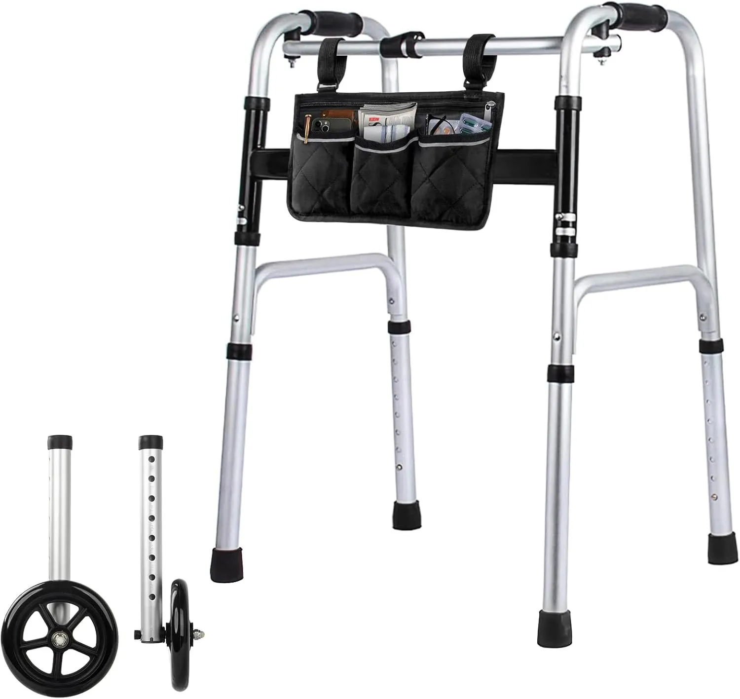 Lightweight Folding Walker for Seniors - Height Adjustable Walker with Small Storage Bag, Elderly Walkers with Removable Wheels, Portable Walkers for Seniors Easy Folding,2 Wheels with Bearings,Silver