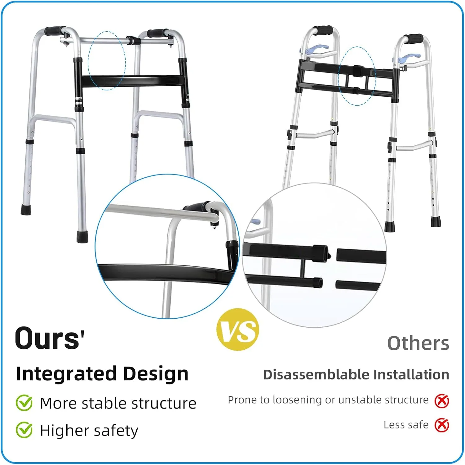 Lightweight Folding Walker for Seniors - Height Adjustable Walker with Small Storage Bag, Elderly Walkers with Removable Wheels, Portable Walkers for Seniors Easy Folding,2 Wheels with Bearings,Silver