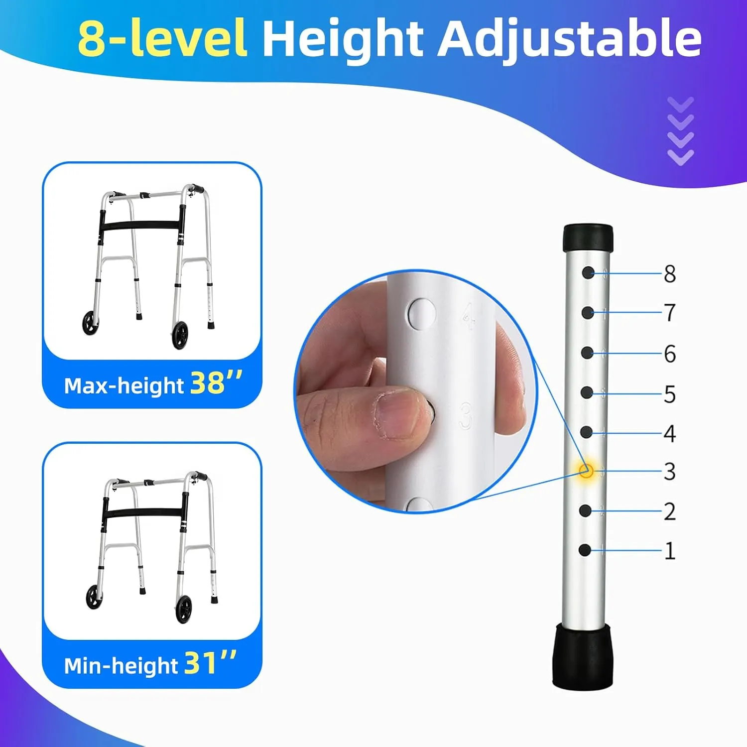 Lightweight Folding Walker for Seniors - Height Adjustable Walker with Small Storage Bag, Elderly Walkers with Removable Wheels, Portable Walkers for Seniors Easy Folding,2 Wheels with Bearings,Silver