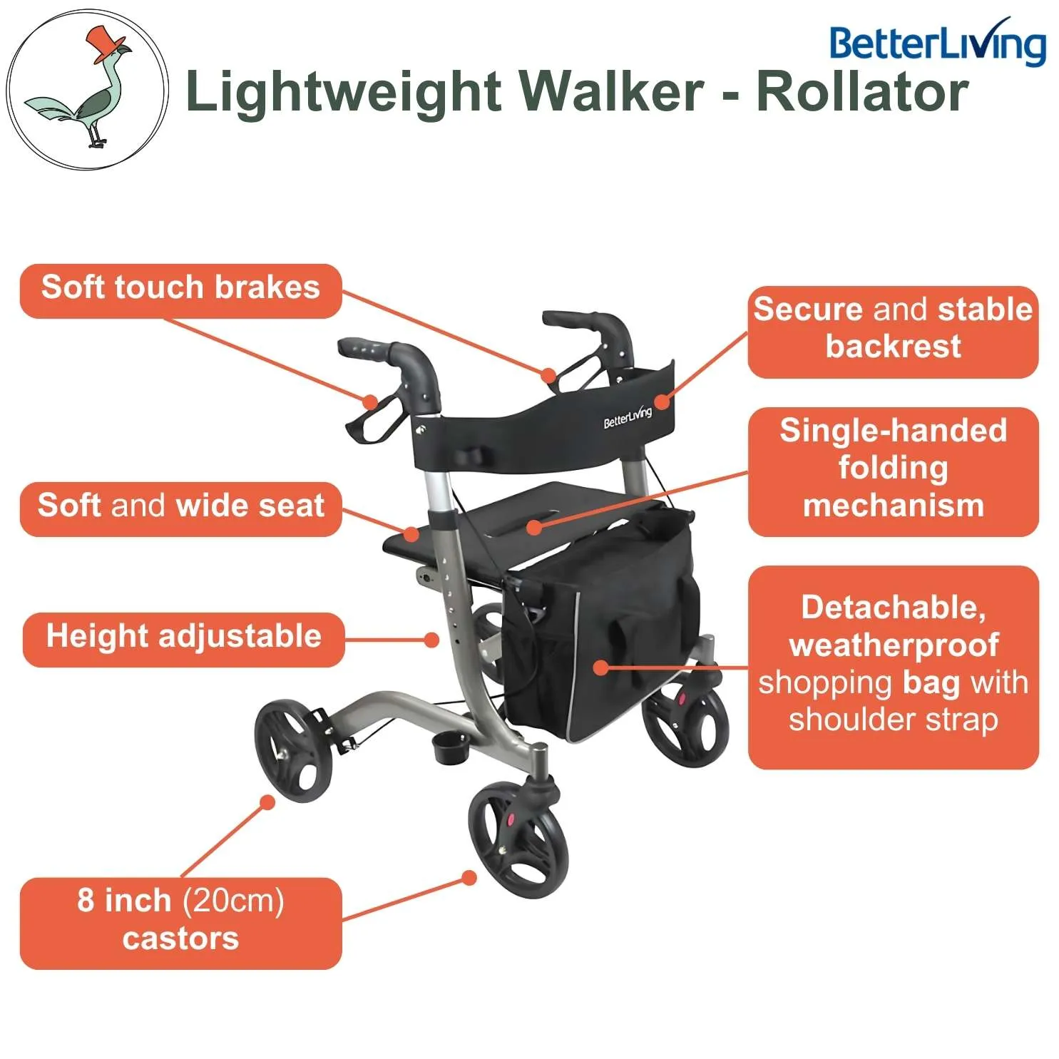 Lightweight walker rollator