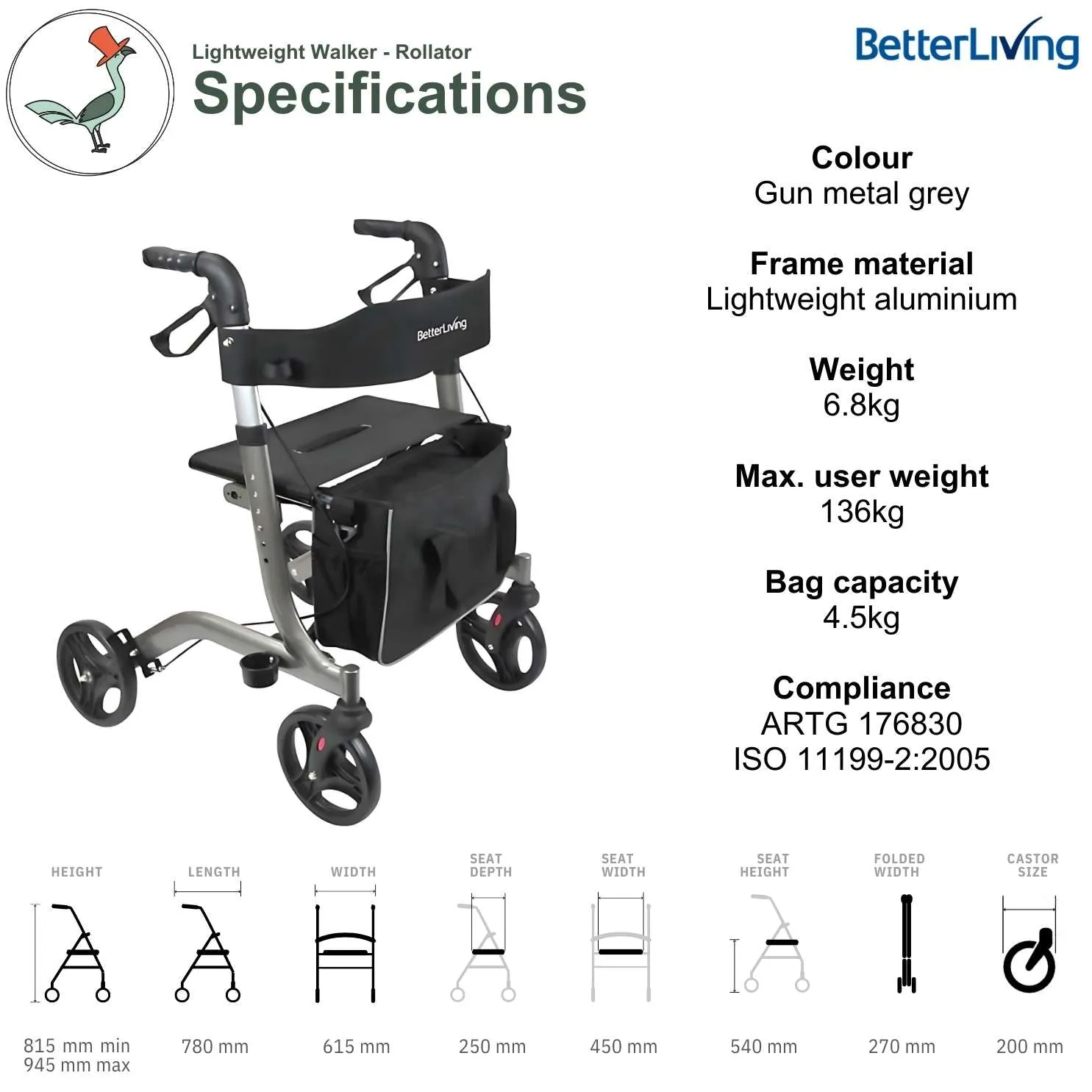 Lightweight walker rollator