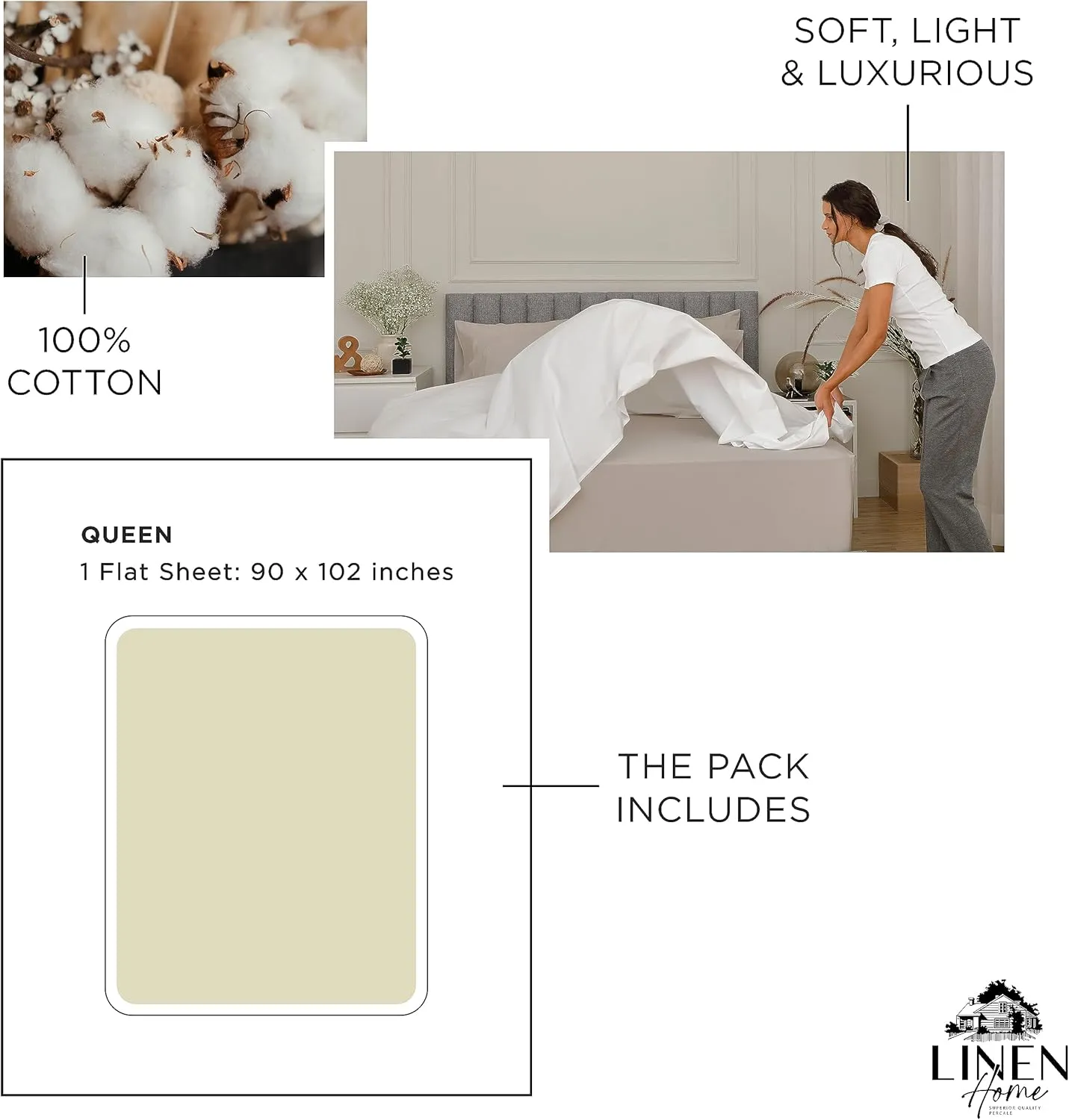 Linen Home 100% Cotton Percale 1 Flat Sheet, Queen Size - Crisp, Cool and Strong Bed Linen, Luxury Breathable Sheet, Cream