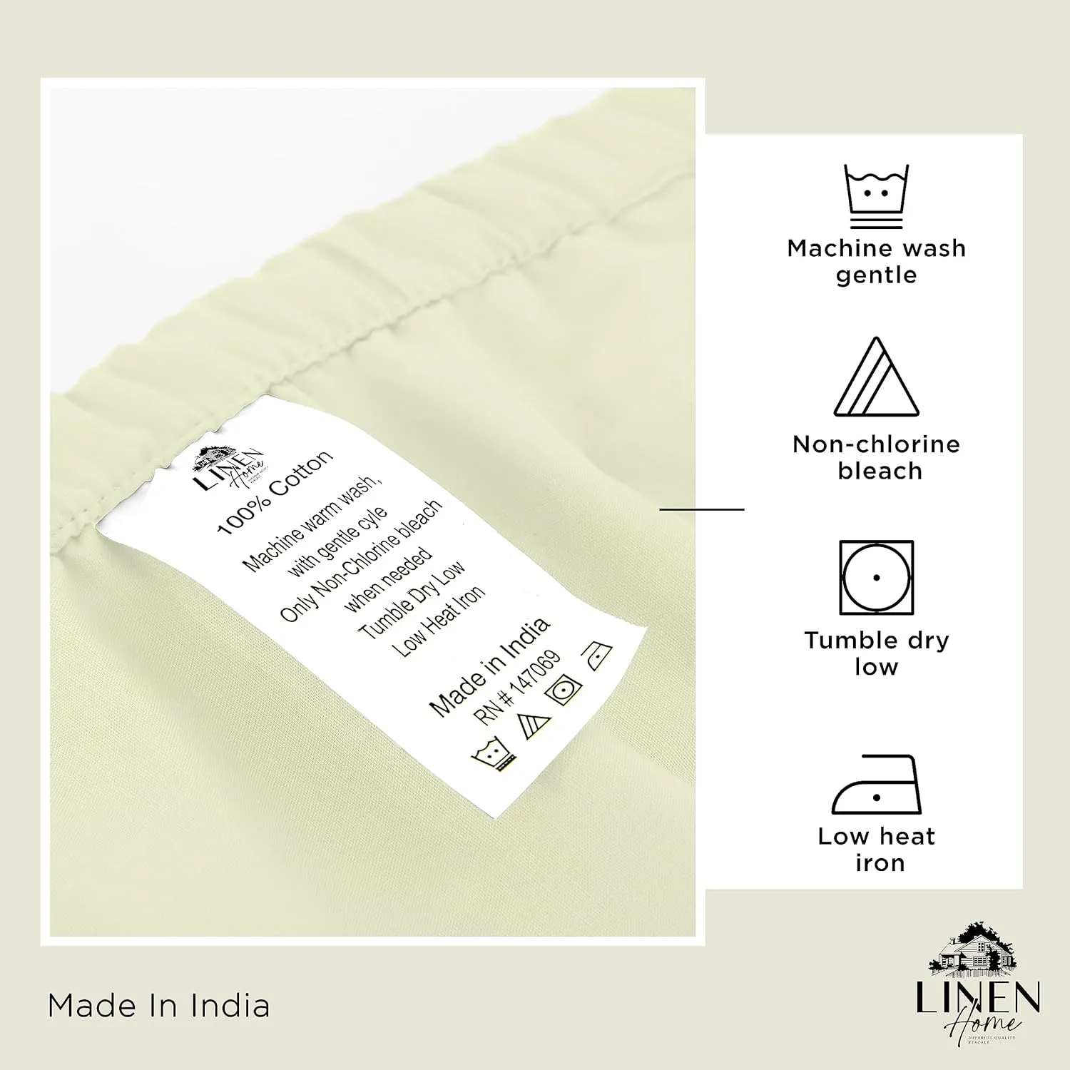 Linen Home 100% Cotton Percale 1 Flat Sheet, Queen Size - Crisp, Cool and Strong Bed Linen, Luxury Breathable Sheet, Cream