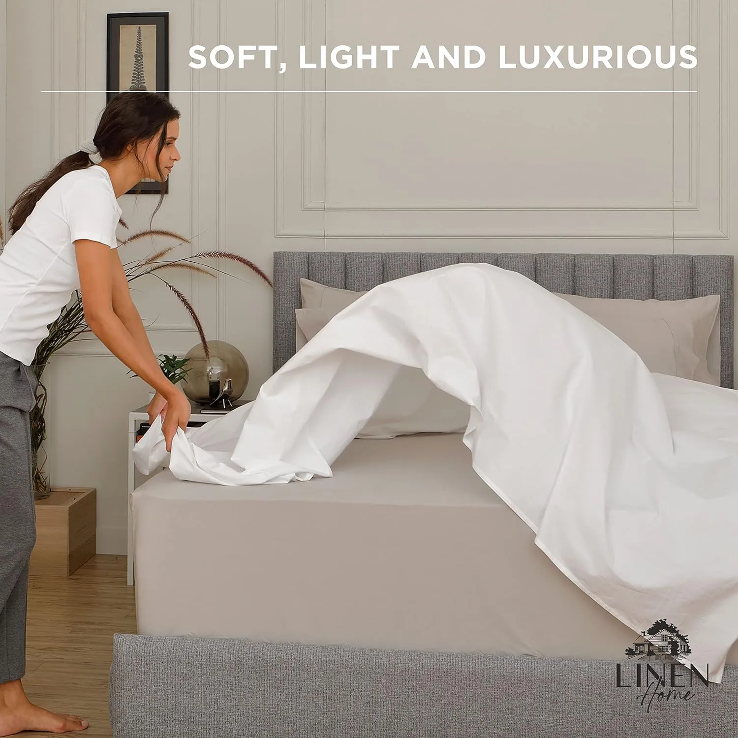 Linen Home 100% Cotton Percale 1 Flat Sheet, Queen Size - Crisp, Cool and Strong Bed Linen, Luxury Breathable Sheet, Cream